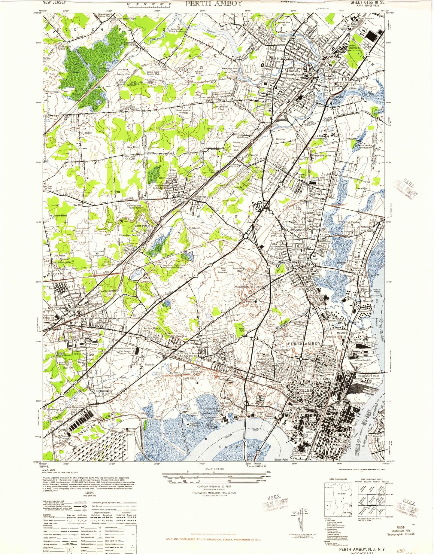 Classic USGS Perth Amboy New Jersey 7.5'x7.5' Topo Map Image