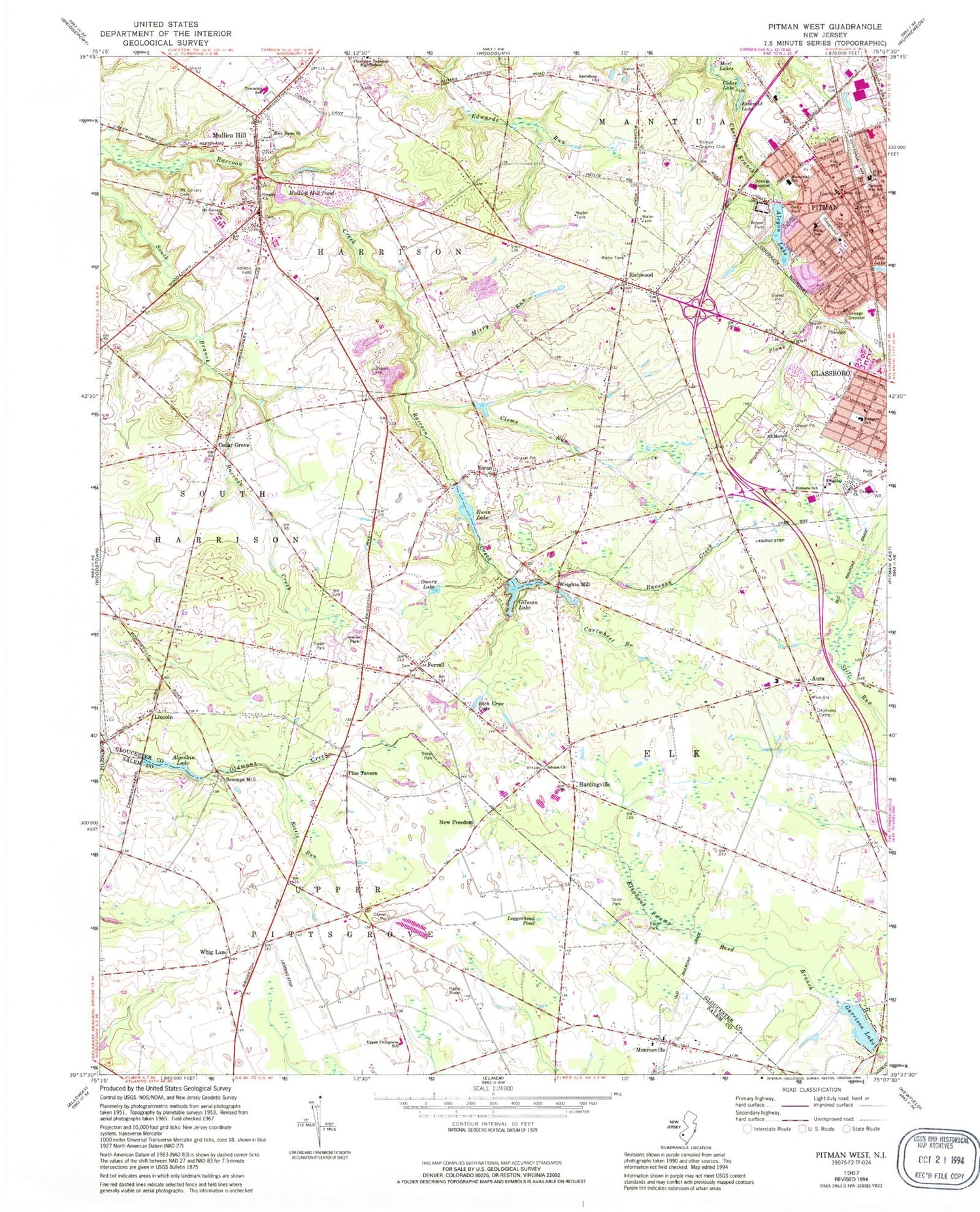 Classic USGS Pitman West New Jersey 7.5'x7.5' Topo Map Image