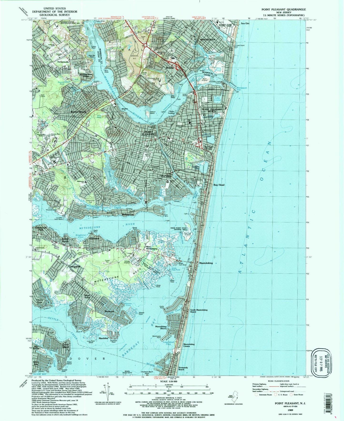 Classic USGS Point Pleasant New Jersey 7.5'x7.5' Topo Map Image