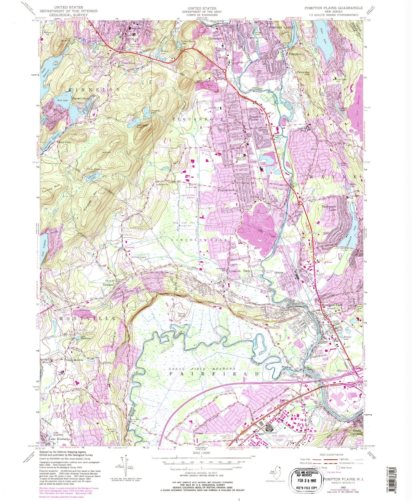 Classic USGS Pompton Plains New Jersey 7.5'x7.5' Topo Map Image