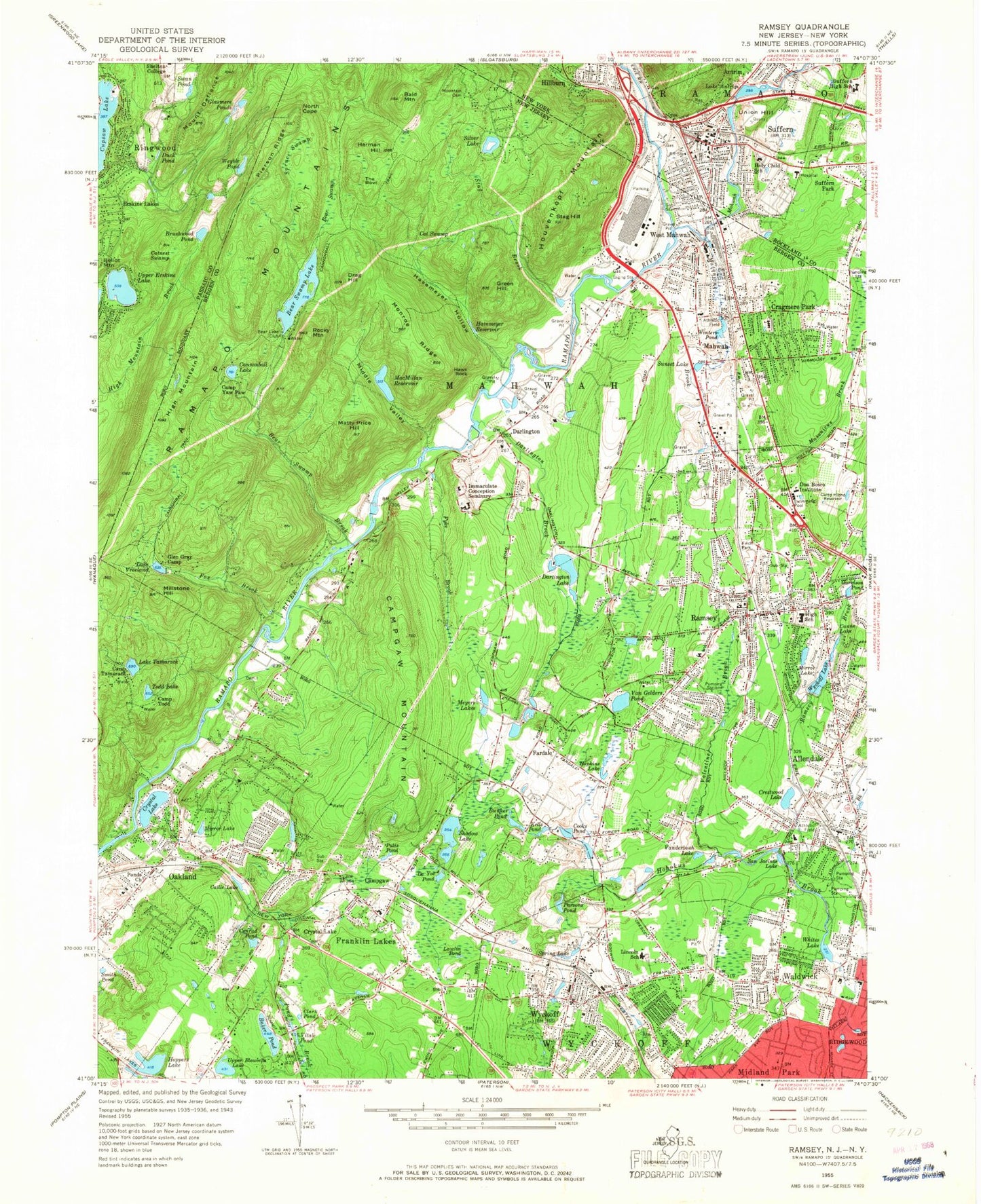 Classic USGS Ramsey New Jersey 7.5'x7.5' Topo Map Image