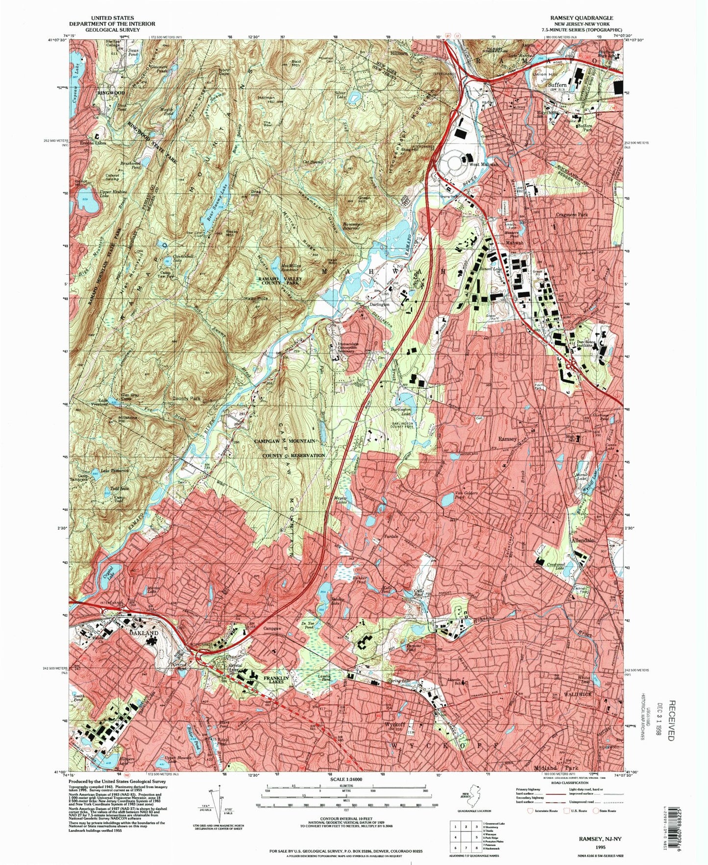 Classic USGS Ramsey New Jersey 7.5'x7.5' Topo Map Image