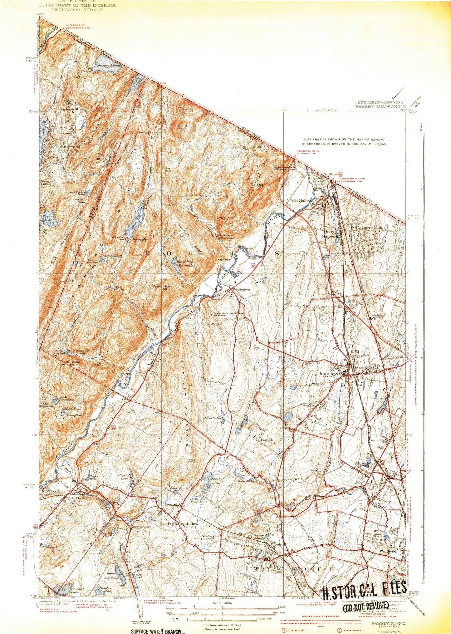 Classic USGS Ramsey New Jersey 7.5'x7.5' Topo Map Image