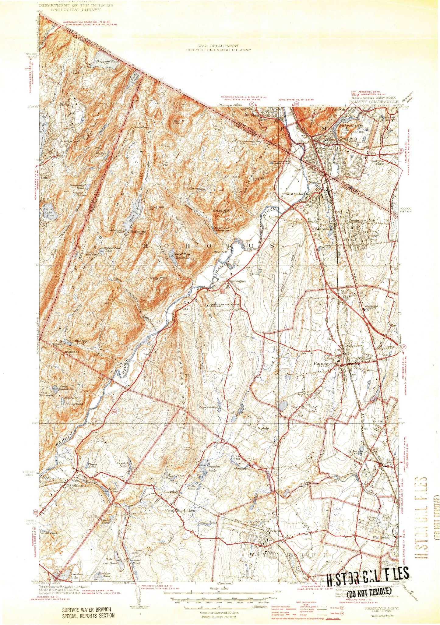 Classic USGS Ramsey New Jersey 7.5'x7.5' Topo Map Image
