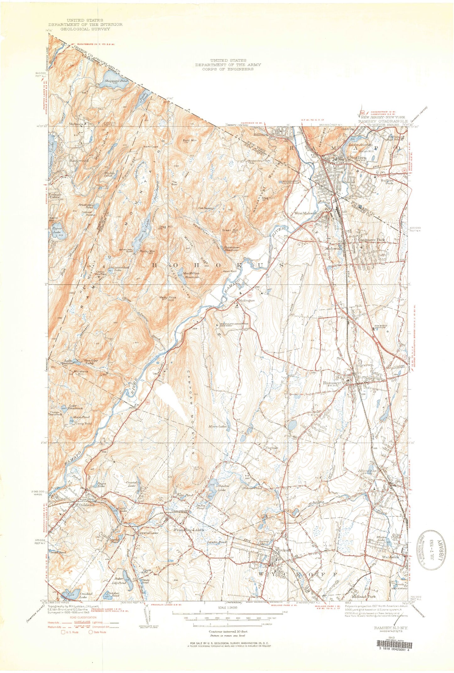 Classic USGS Ramsey New Jersey 7.5'x7.5' Topo Map Image