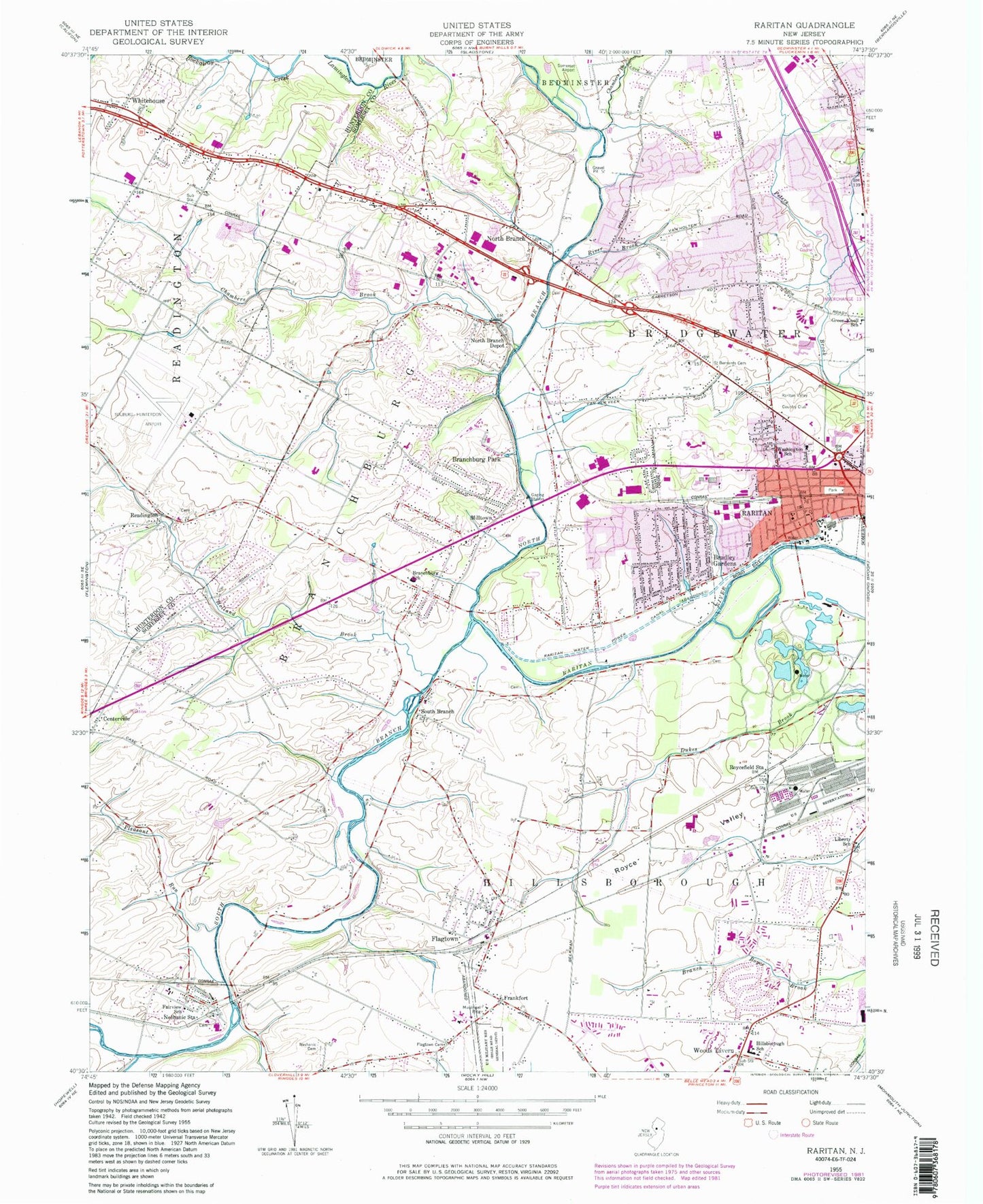 Classic USGS Raritan New Jersey 7.5'x7.5' Topo Map Image