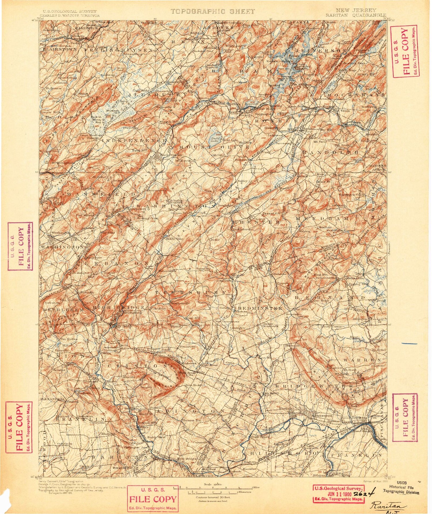 Historic 1900 Raritan New Jersey 30'x30' Topo Map Image