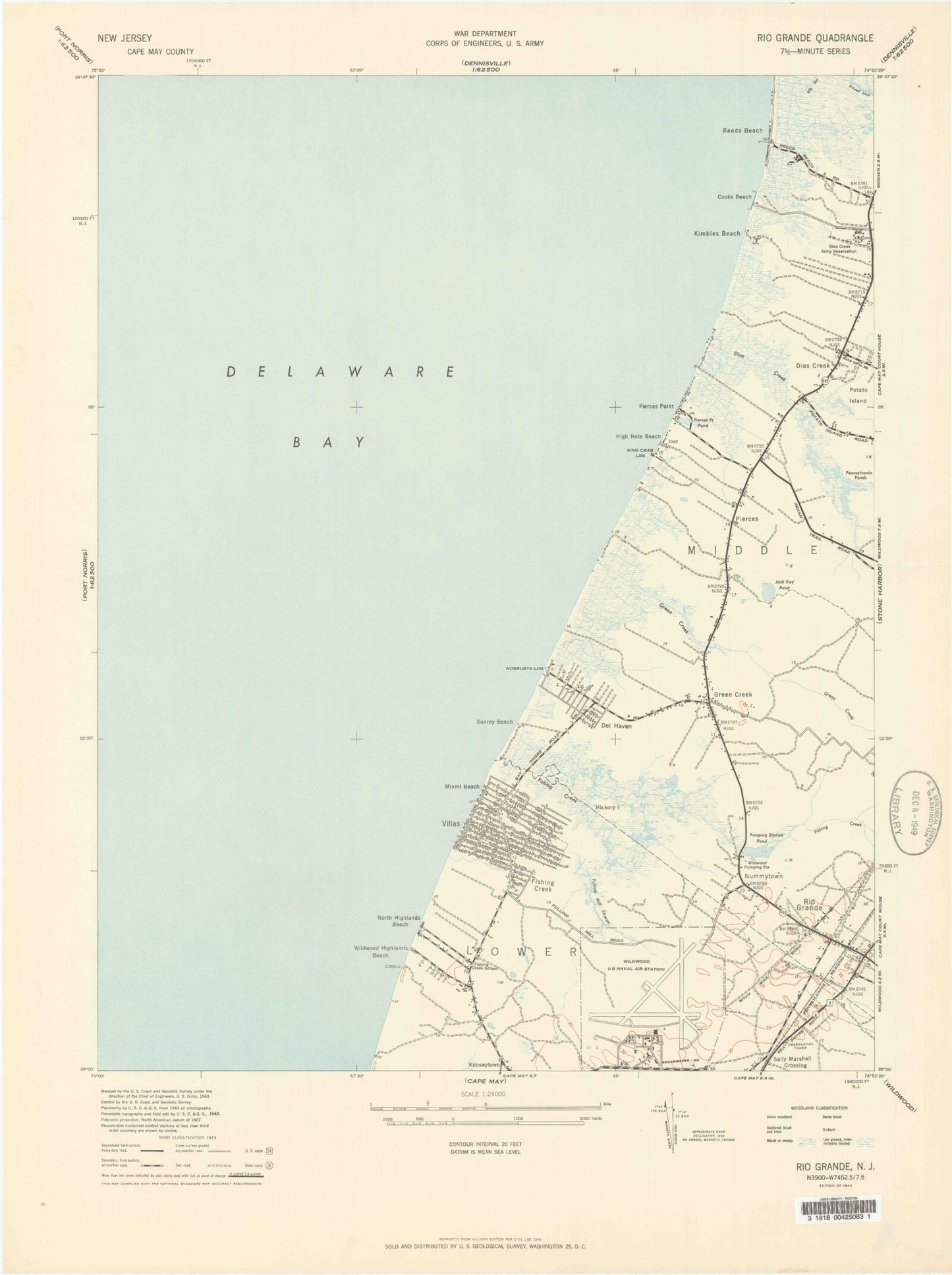 Classic USGS Rio Grande New Jersey 7.5'x7.5' Topo Map Image