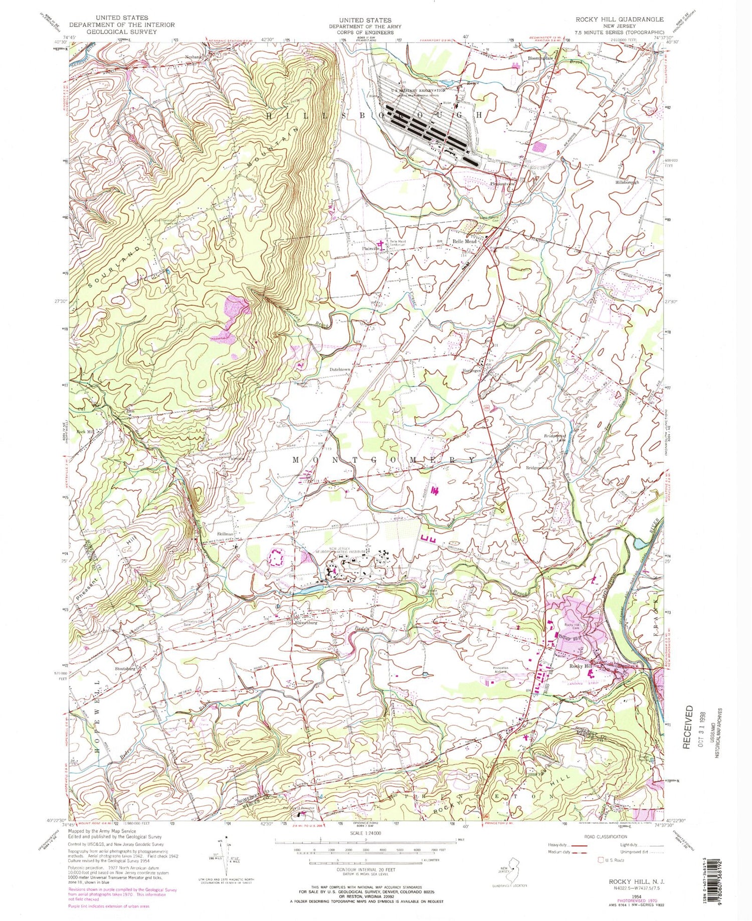 Classic USGS Rocky Hill New Jersey 7.5'x7.5' Topo Map Image