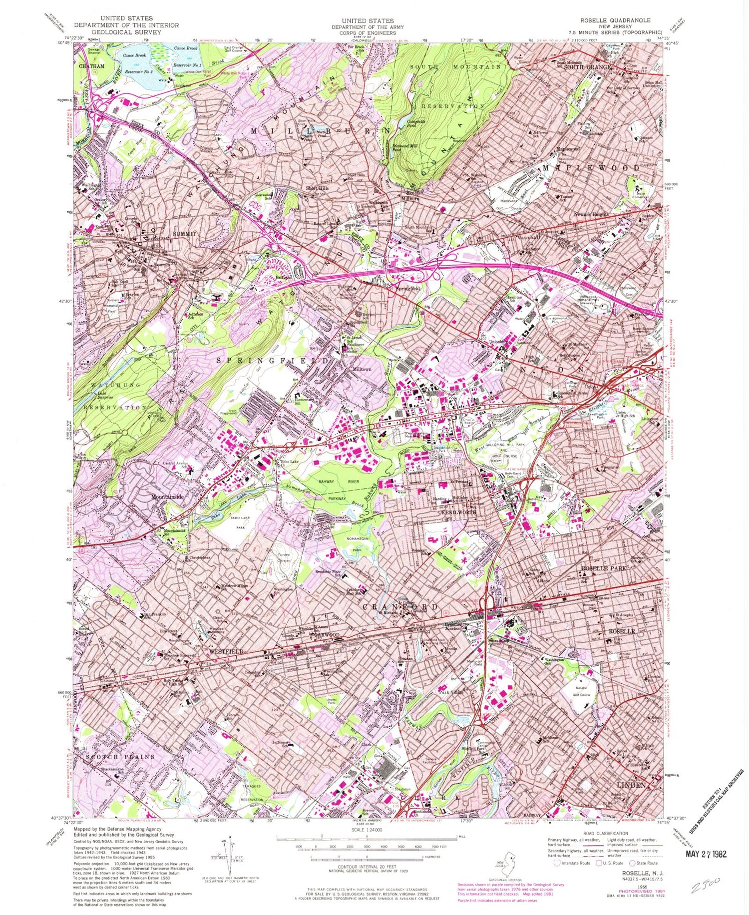 Classic USGS Roselle New Jersey 7.5'x7.5' Topo Map Image