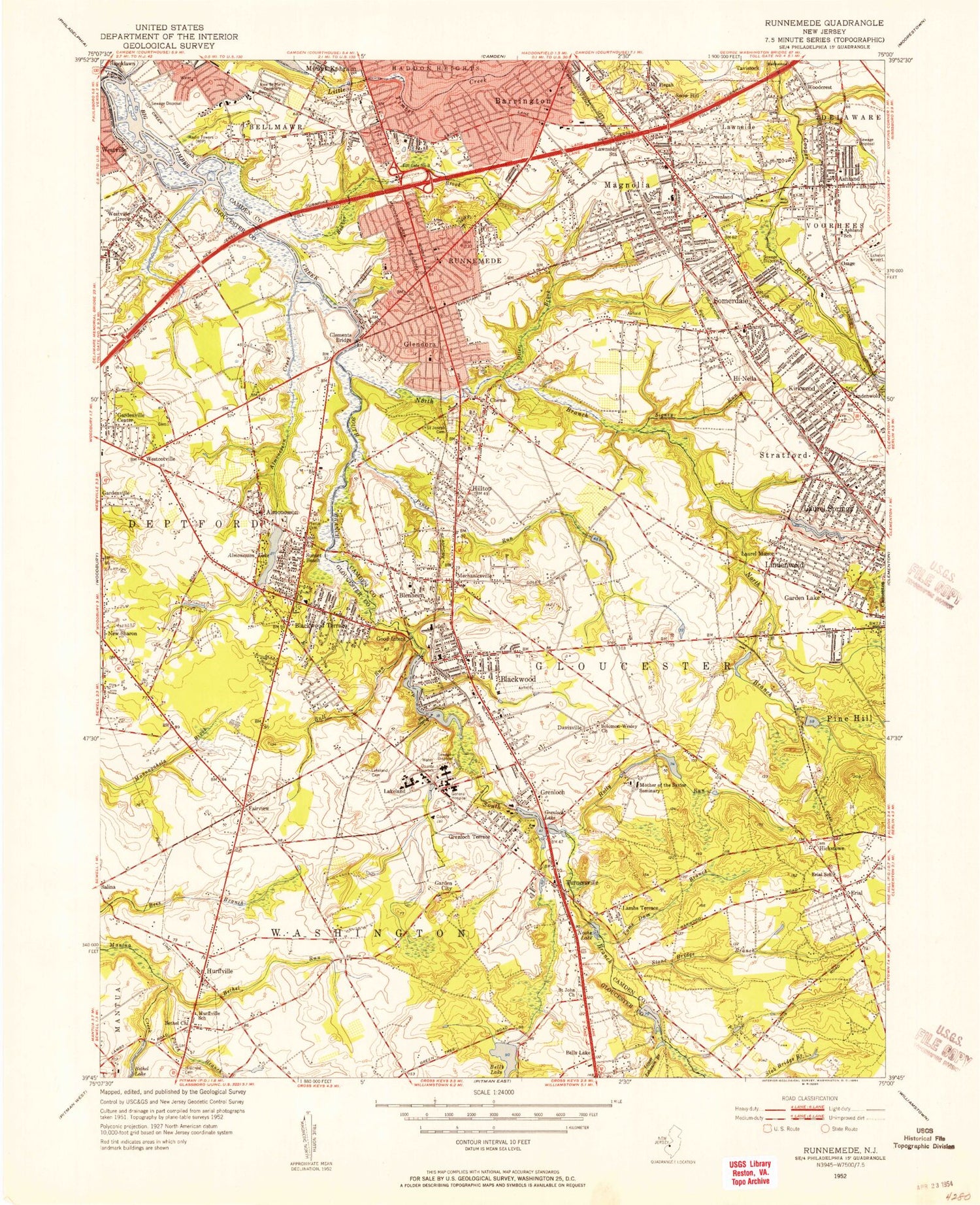 Classic USGS Runnemede New Jersey 7.5'x7.5' Topo Map Image