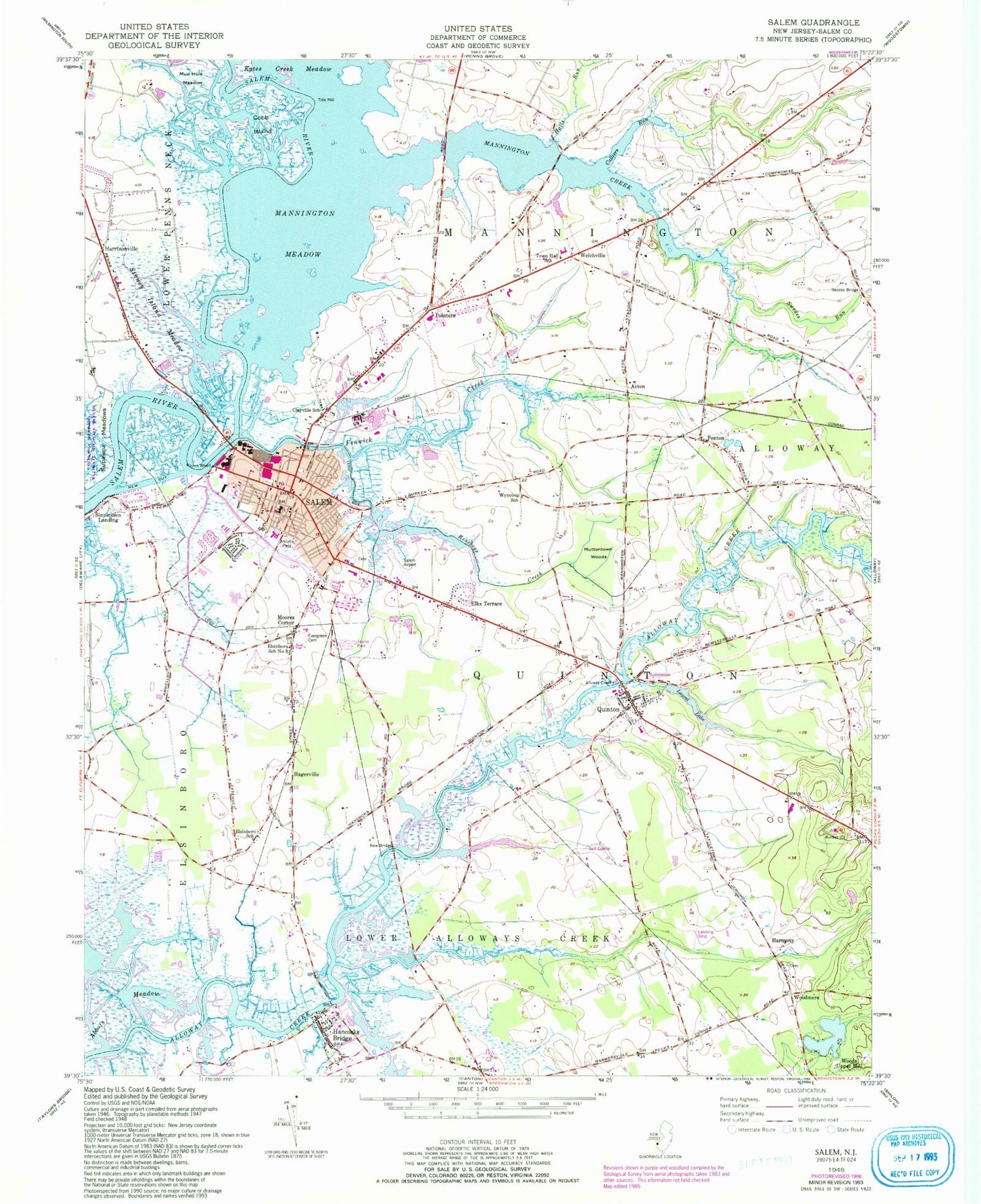 Classic USGS Salem New Jersey 7.5'x7.5' Topo Map Image