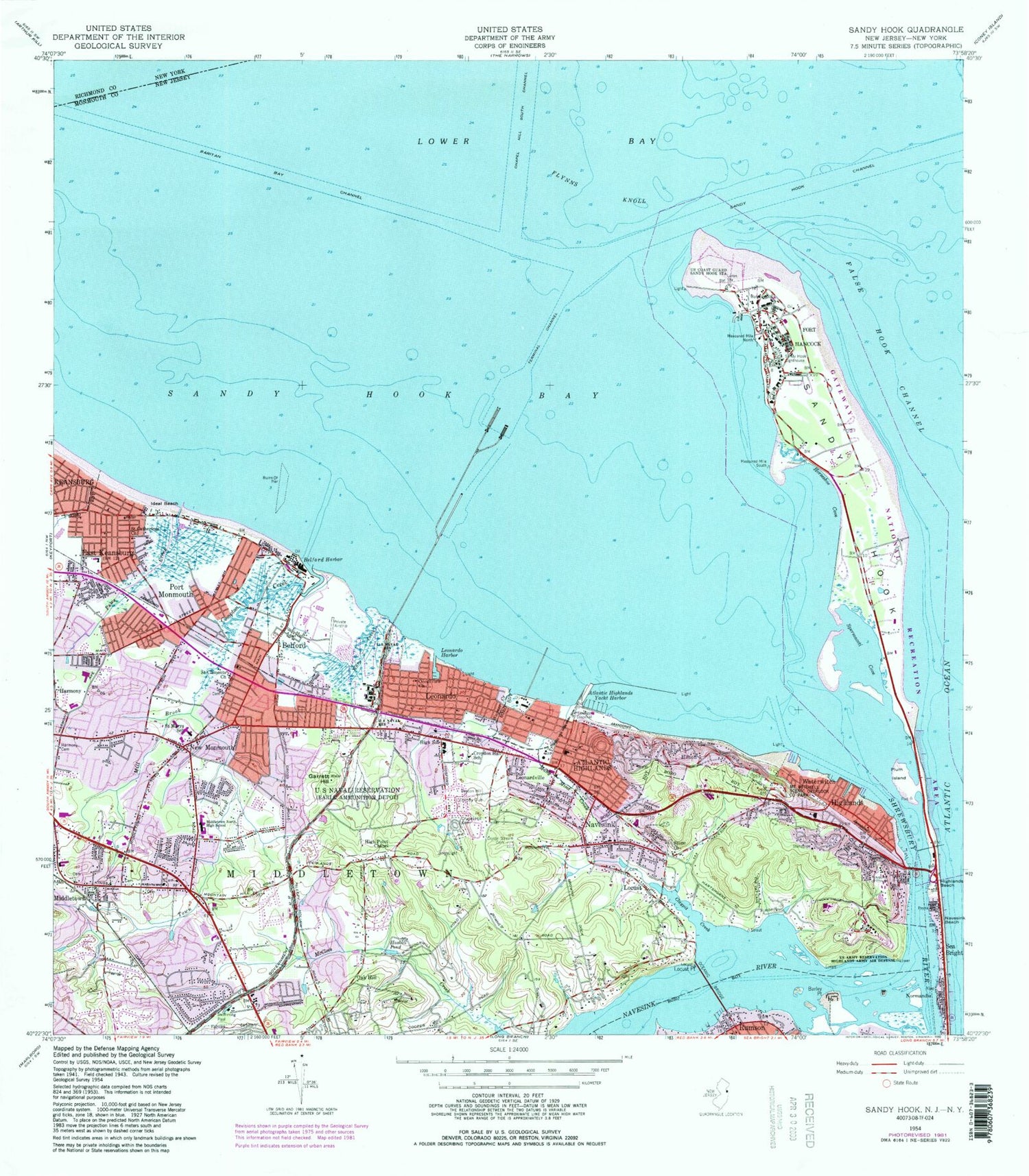 Classic USGS Sandy Hook New Jersey 7.5'x7.5' Topo Map Image