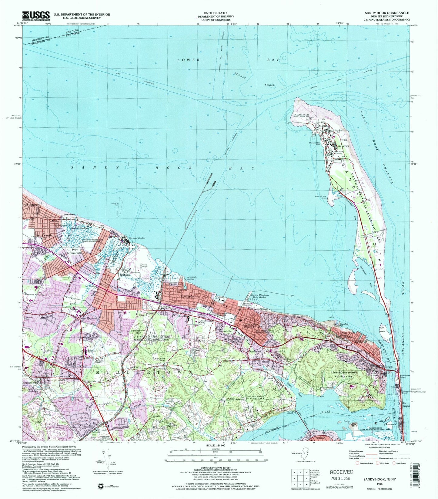 Classic USGS Sandy Hook New Jersey 7.5'x7.5' Topo Map Image