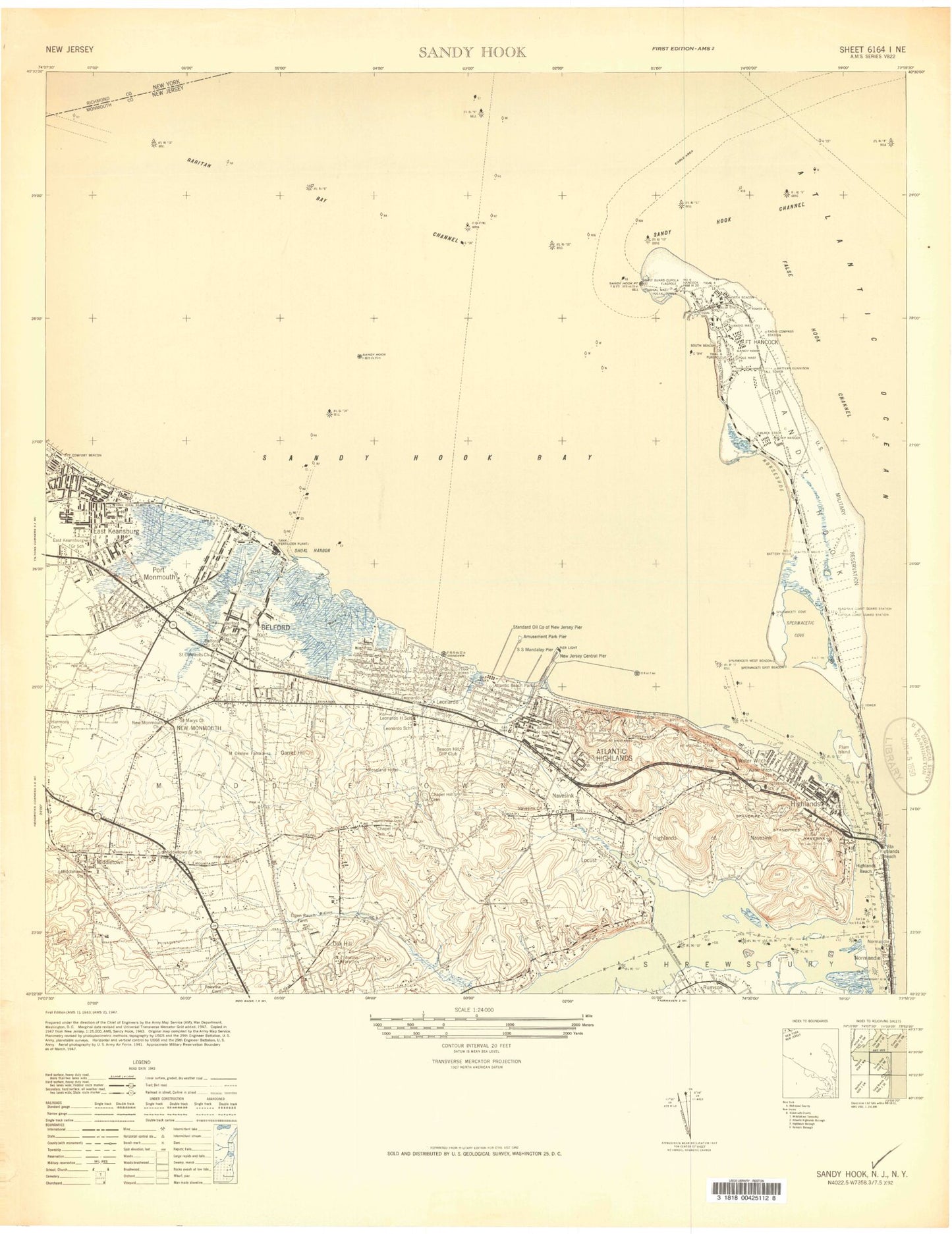 Classic USGS Sandy Hook West New Jersey 7.5'x7.5' Topo Map Image
