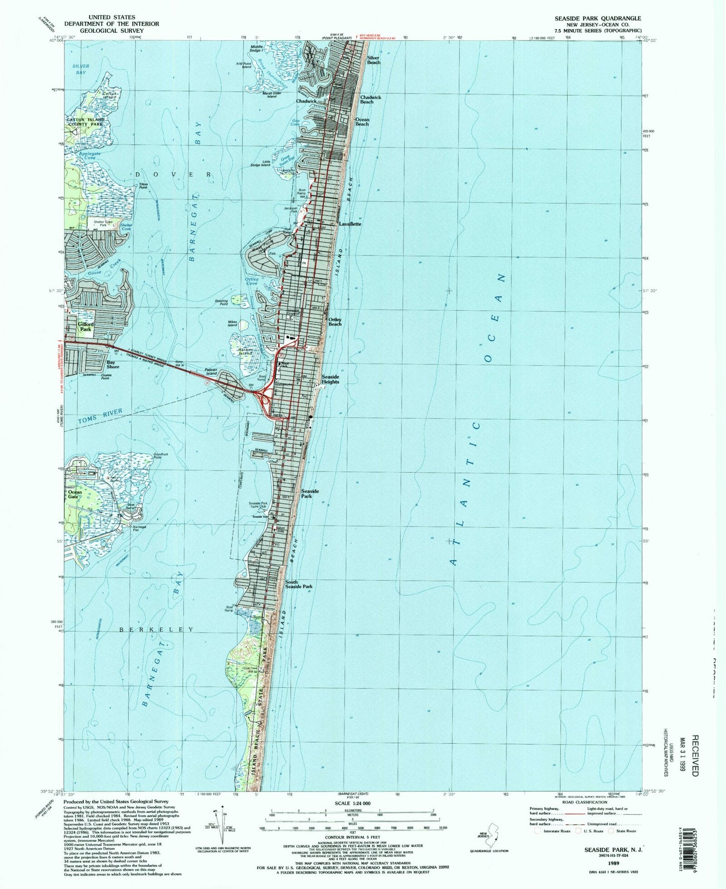 Classic USGS Seaside Park New Jersey 7.5'x7.5' Topo Map Image