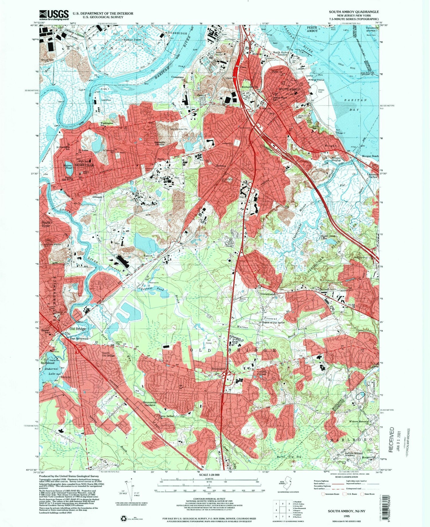 Classic USGS South Amboy New Jersey 7.5'x7.5' Topo Map Image