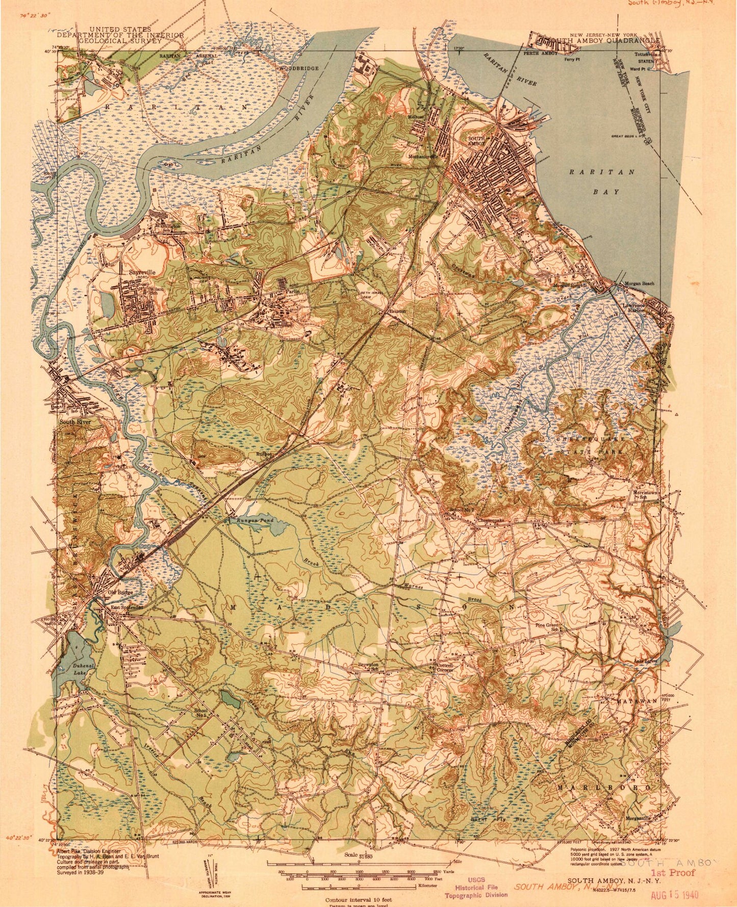 Classic USGS South Amboy New Jersey 7.5'x7.5' Topo Map Image