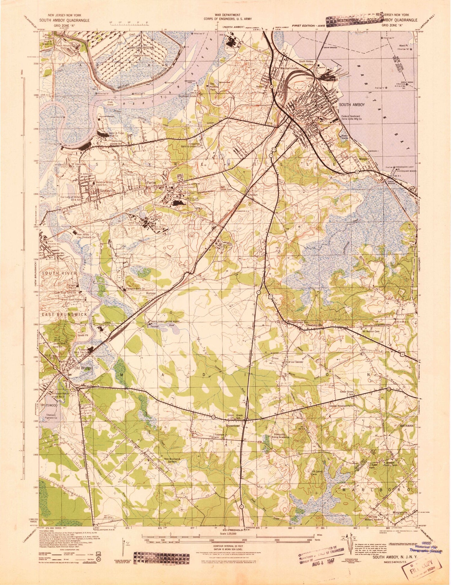 Classic USGS South Amboy New Jersey 7.5'x7.5' Topo Map Image