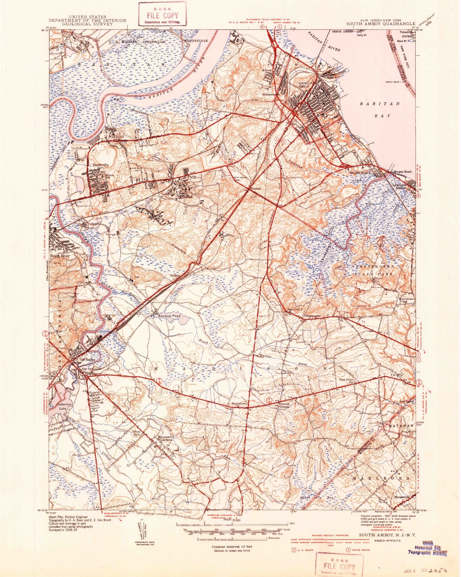 Classic USGS South Amboy New Jersey 7.5'x7.5' Topo Map Image