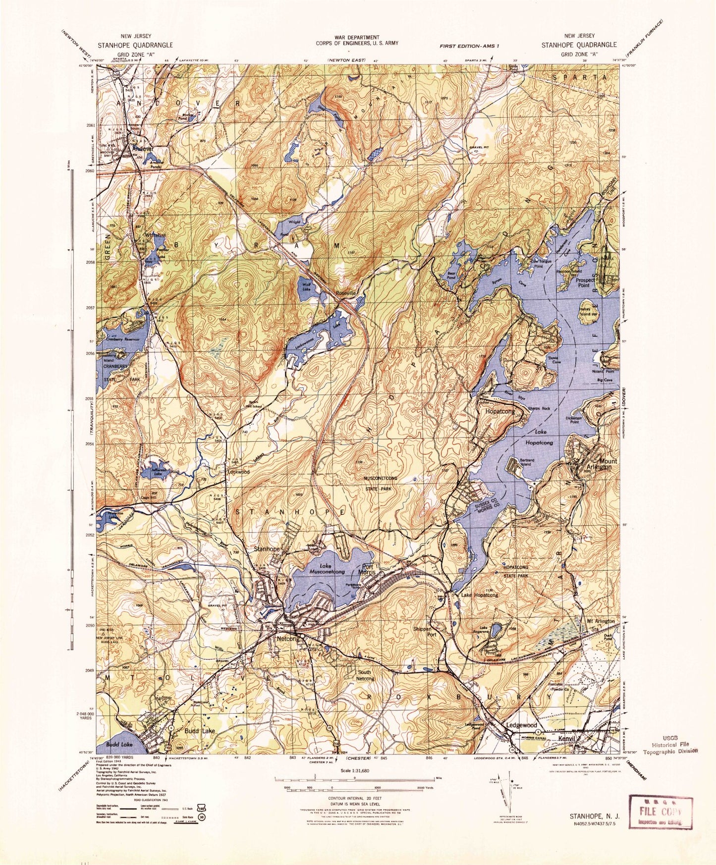 Classic USGS Stanhope New Jersey 7.5'x7.5' Topo Map Image