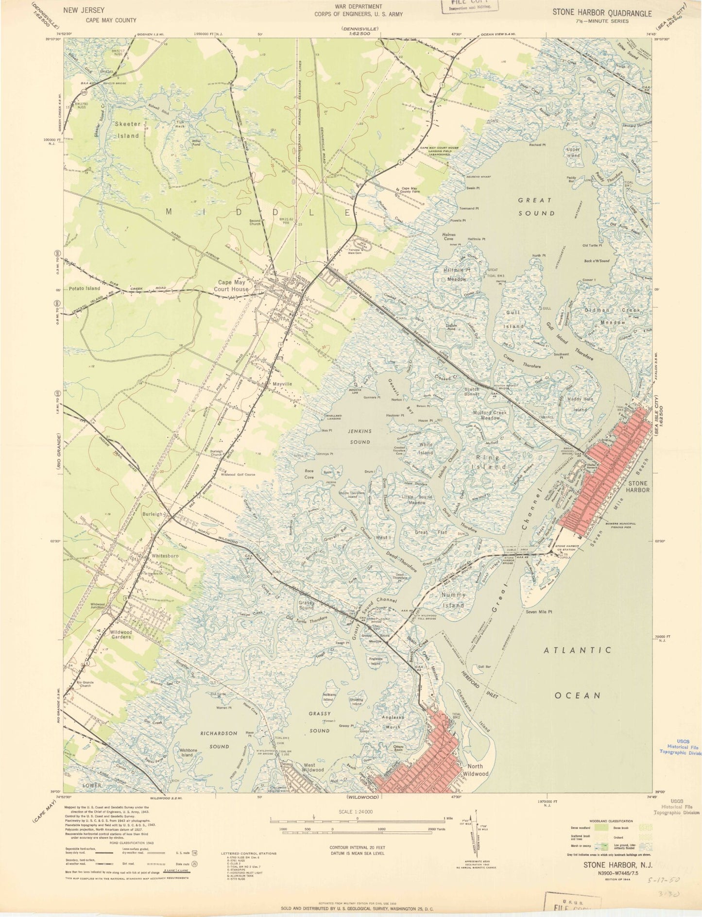 Classic USGS Stone Harbor New Jersey 7.5'x7.5' Topo Map Image