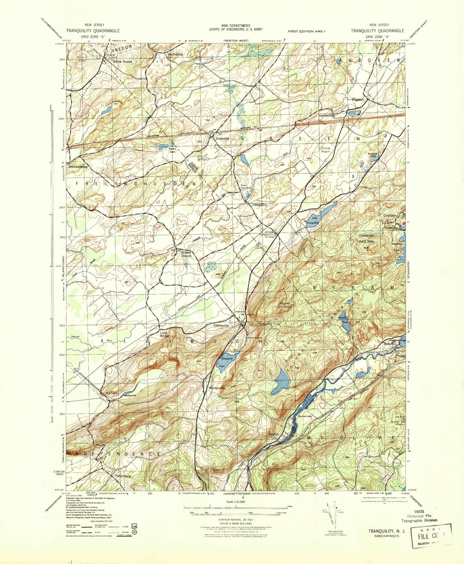 Classic USGS Tranquility New Jersey 7.5'x7.5' Topo Map Image