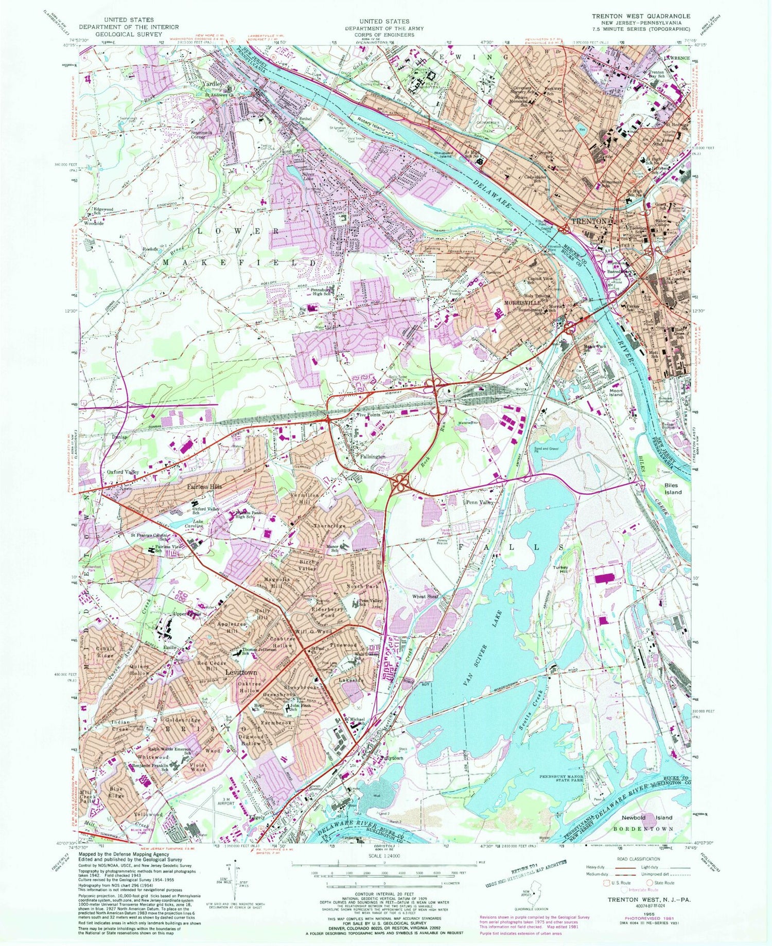 Classic USGS Trenton West New Jersey 7.5'x7.5' Topo Map Image