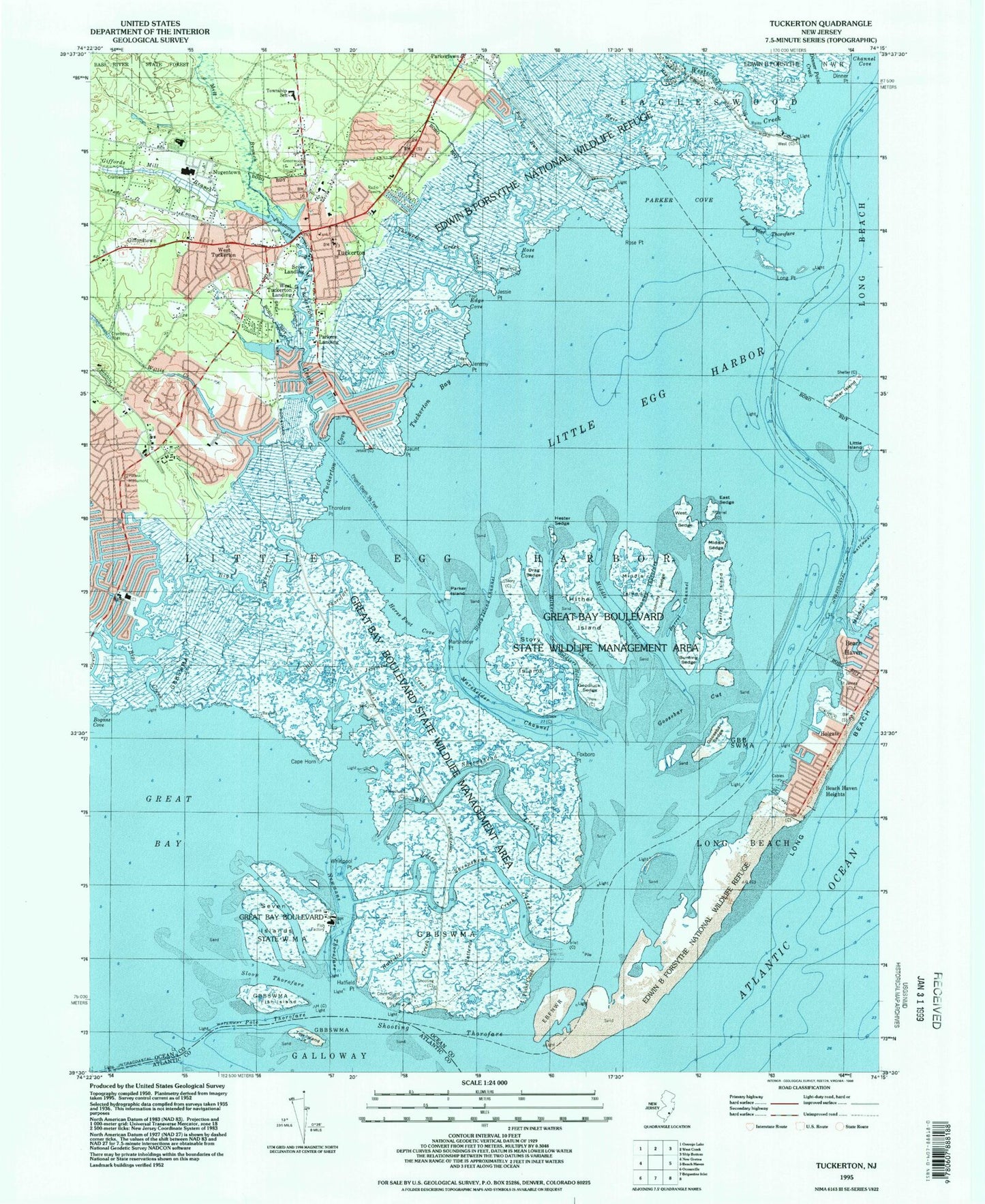 Classic USGS Tuckerton New Jersey 7.5'x7.5' Topo Map Image