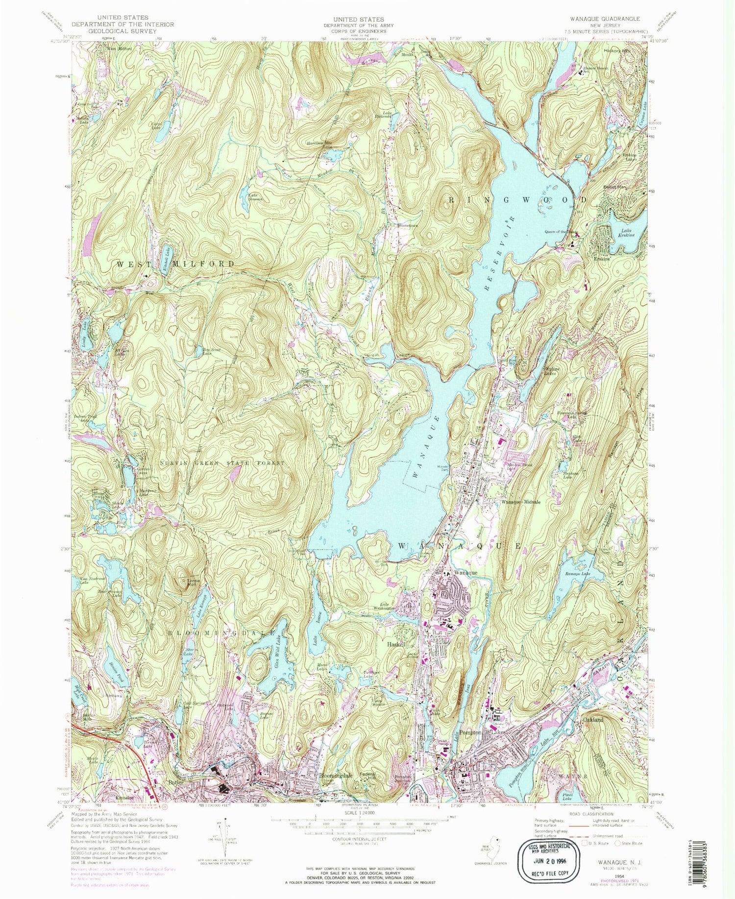 Classic USGS Wanaque New Jersey 7.5'x7.5' Topo Map Image