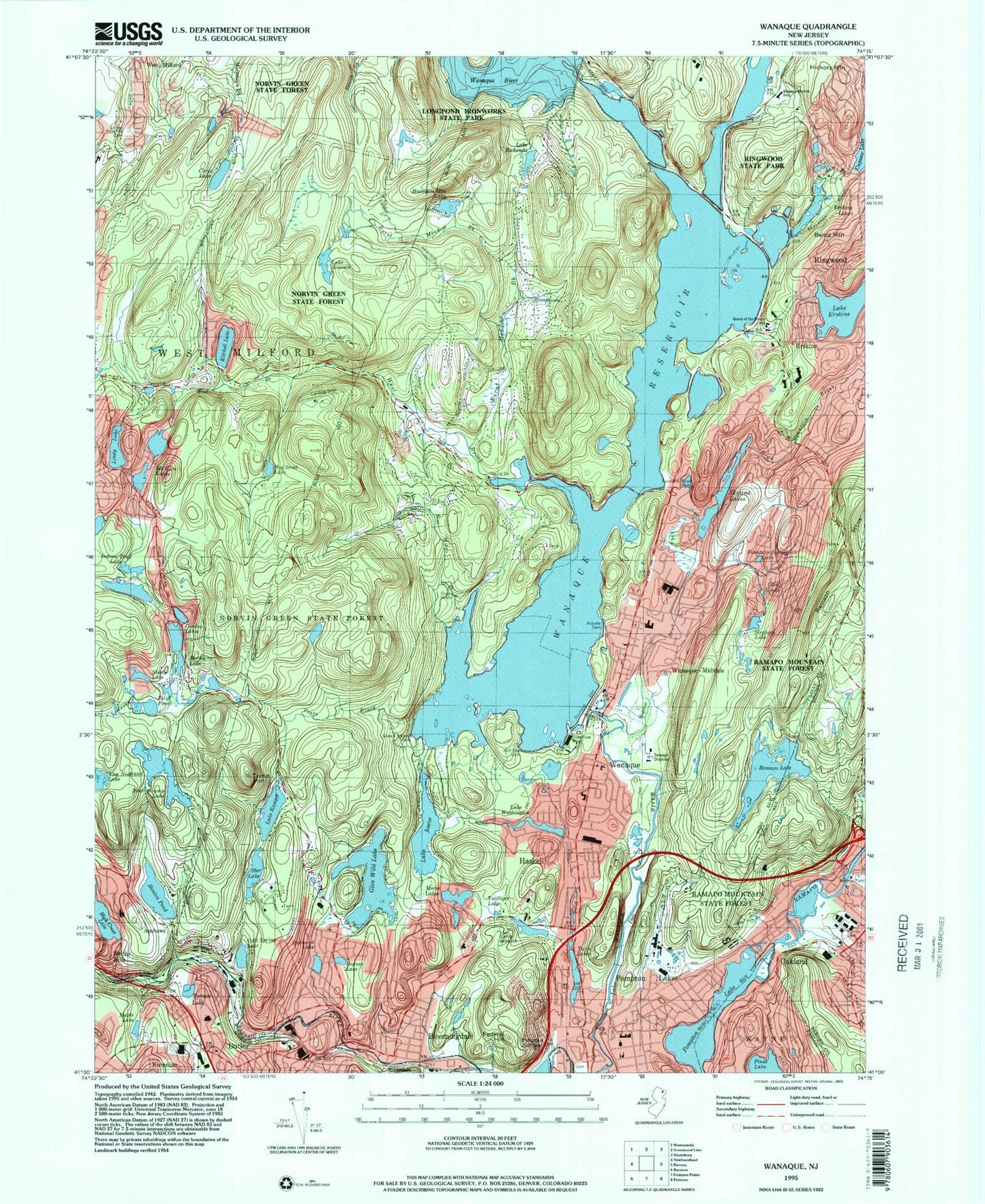 Classic USGS Wanaque New Jersey 7.5'x7.5' Topo Map Image