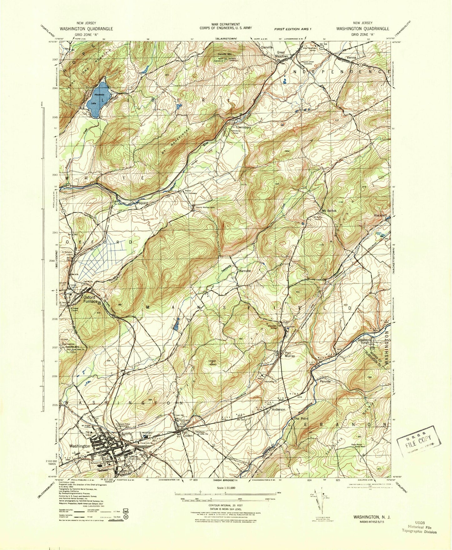 Classic USGS Washington New Jersey 7.5'x7.5' Topo Map Image