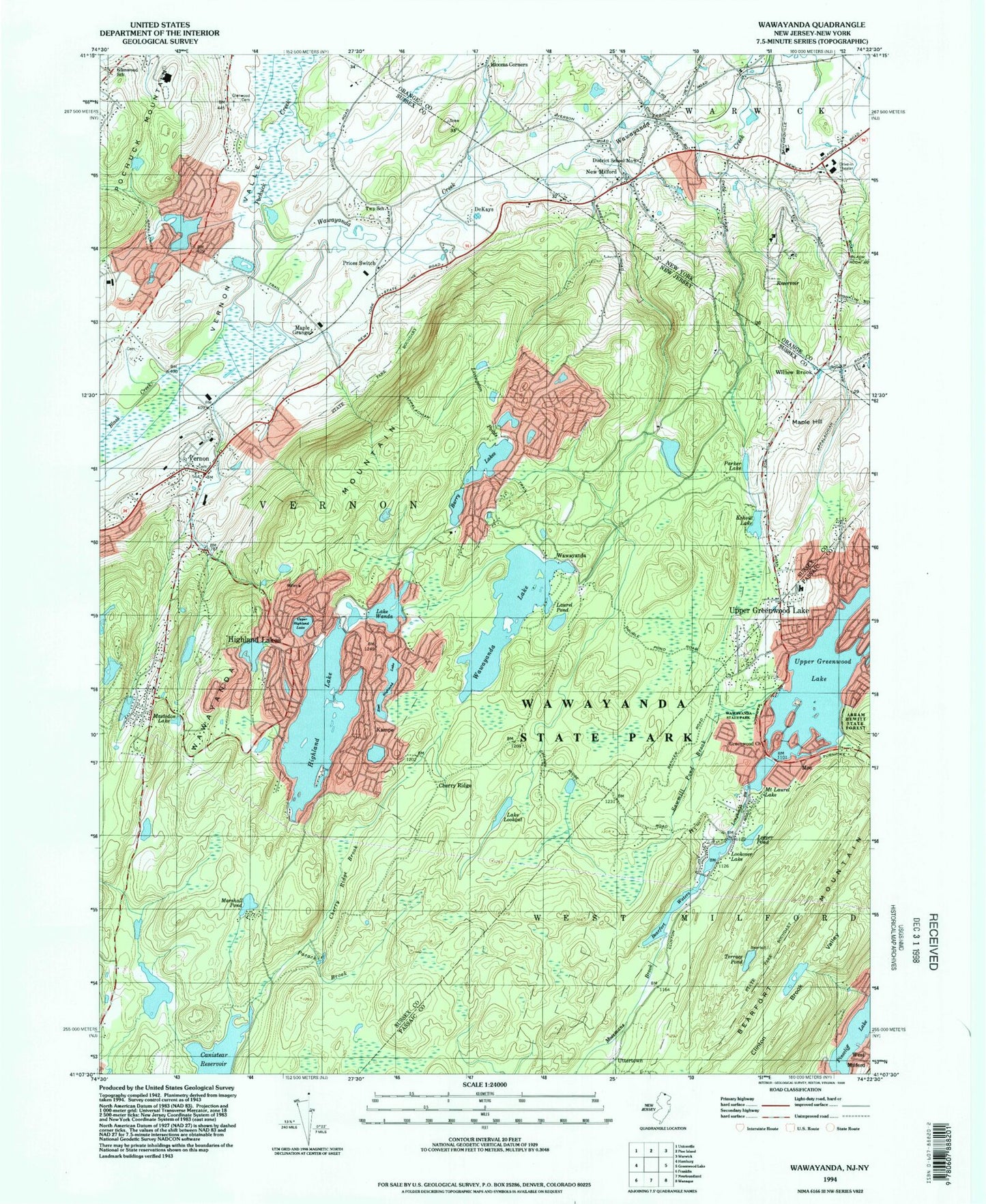 Classic USGS Wawayanda New Jersey 7.5'x7.5' Topo Map Image