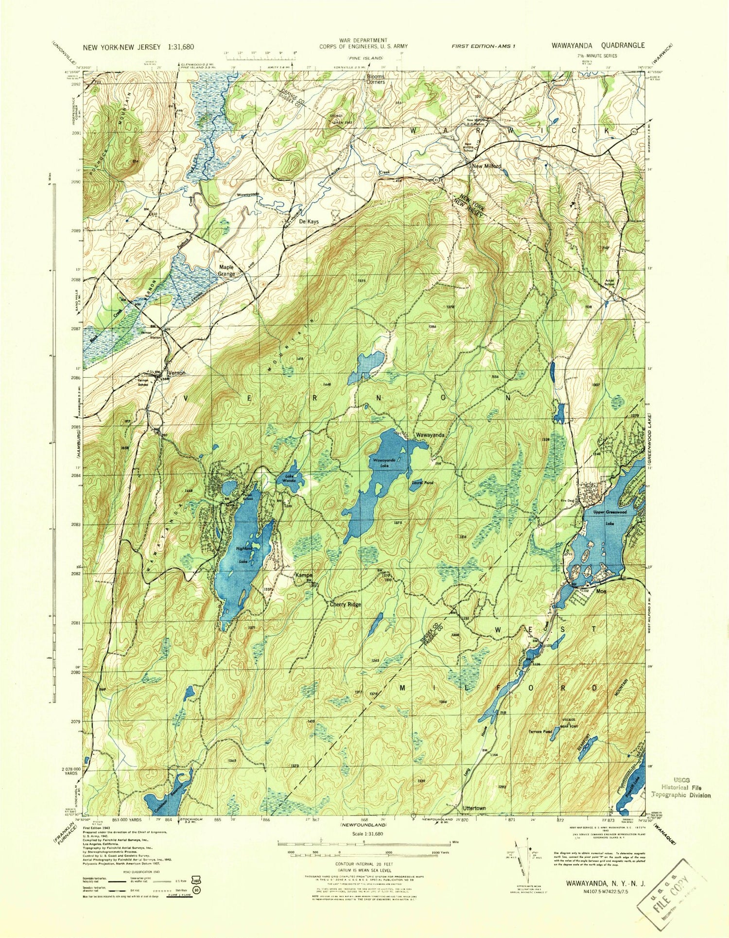 Classic USGS Wawayanda New Jersey 7.5'x7.5' Topo Map Image