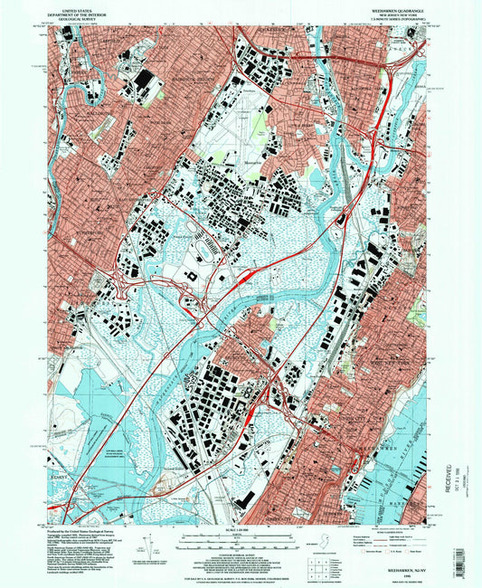 Classic USGS Weehawken New Jersey 7.5'x7.5' Topo Map Image