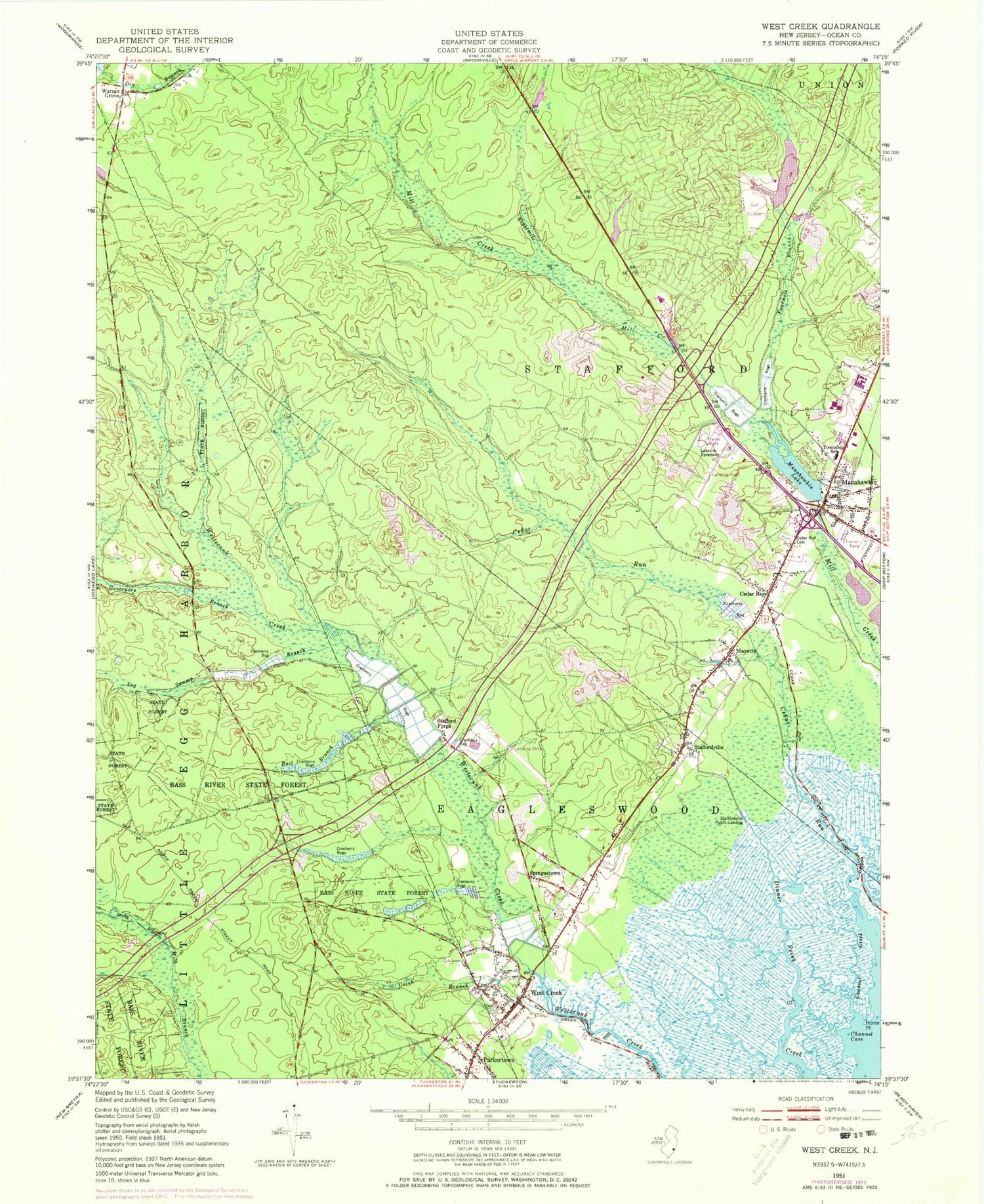 Classic USGS West Creek New Jersey 7.5'x7.5' Topo Map Image