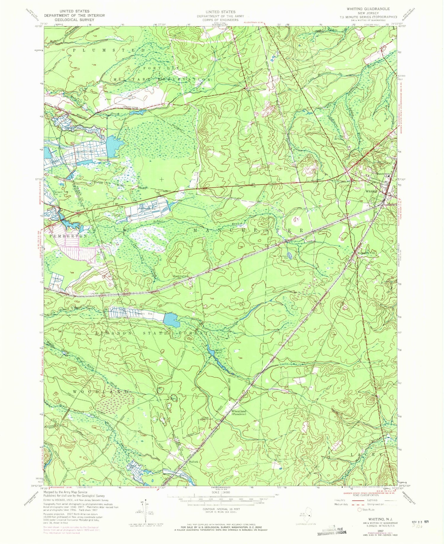 Classic USGS Whiting New Jersey 7.5'x7.5' Topo Map Image