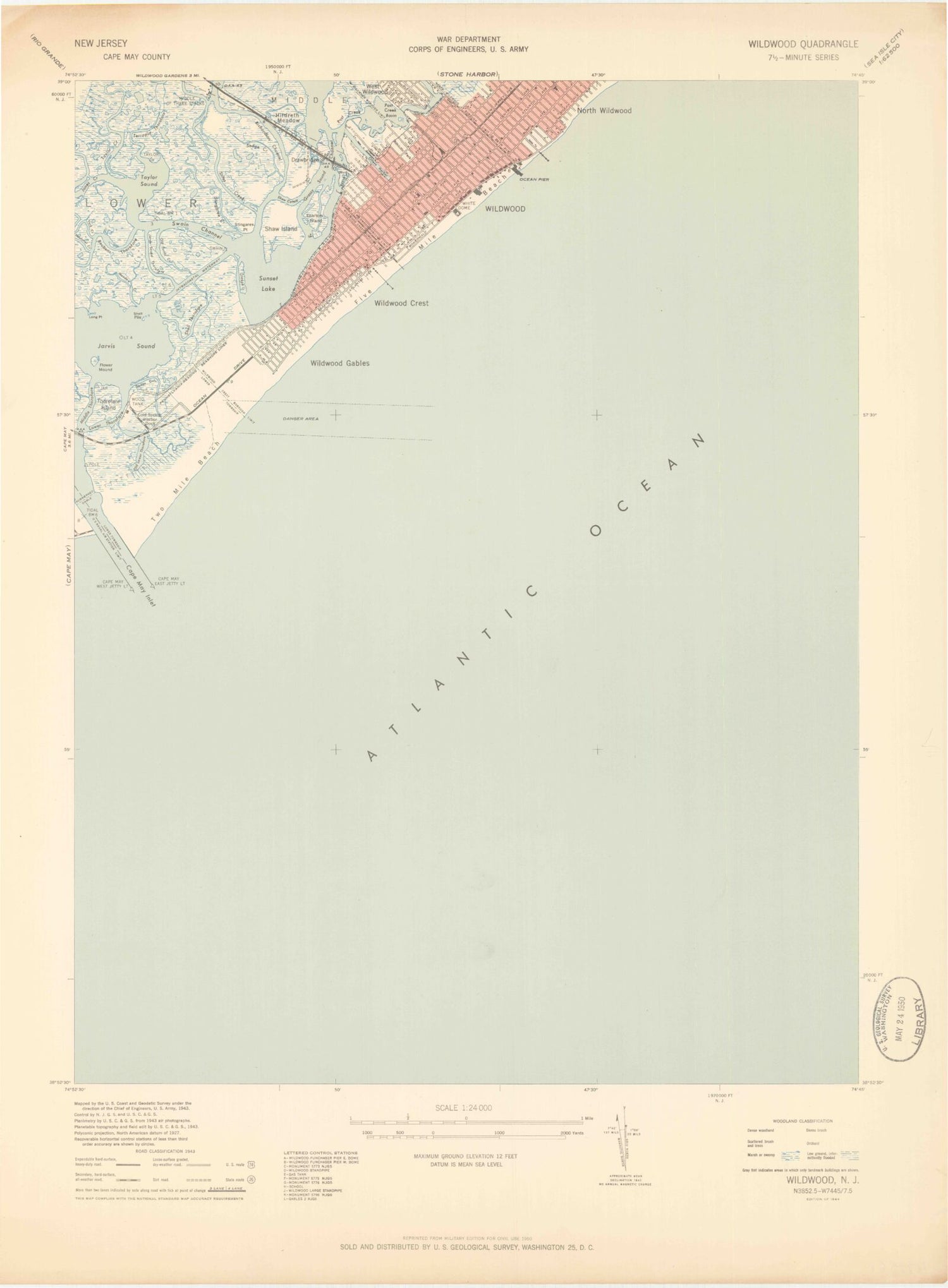 Classic USGS Wildwood New Jersey 7.5'x7.5' Topo Map Image