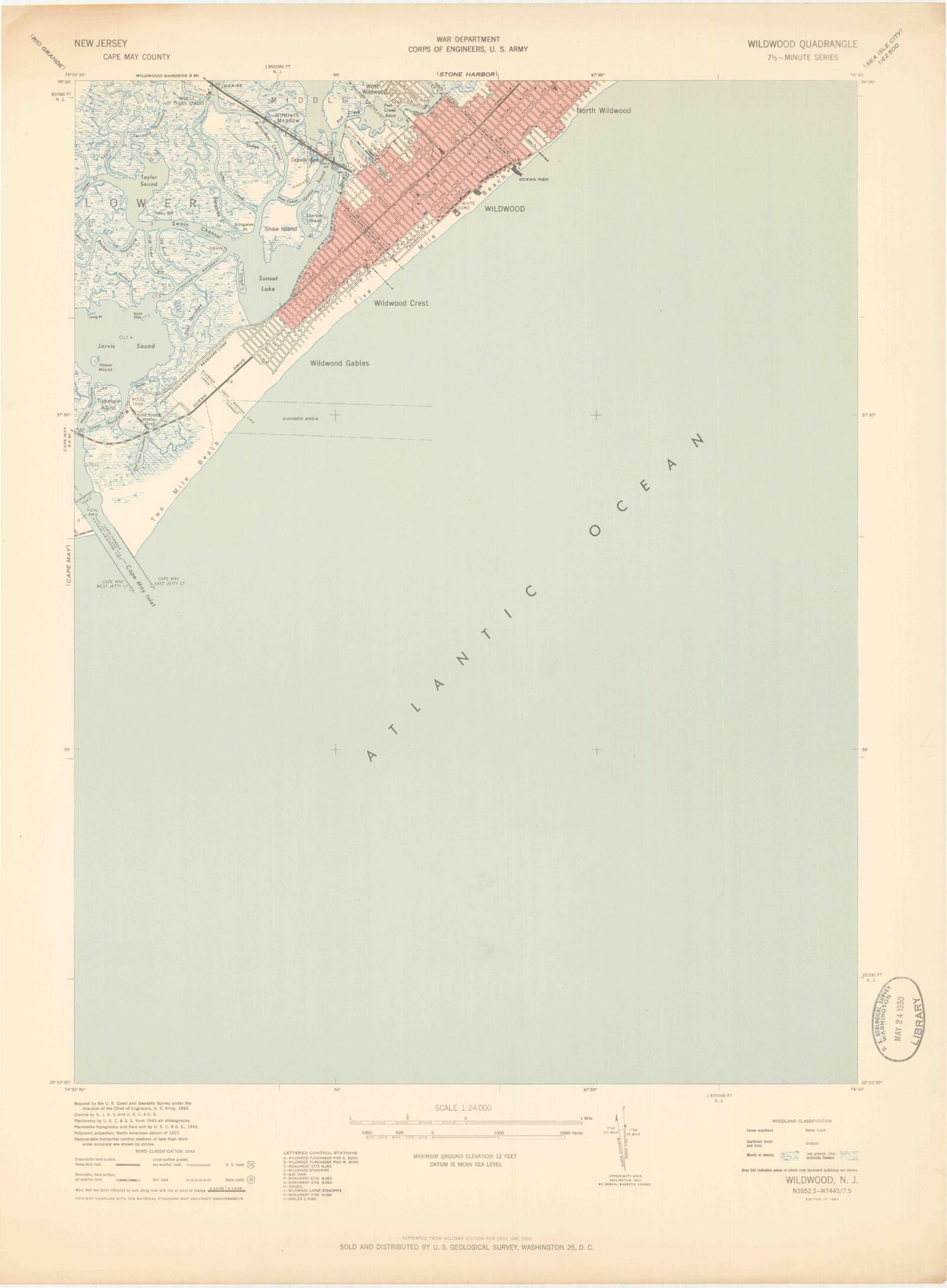 Classic USGS Wildwood New Jersey 7.5'x7.5' Topo Map Image