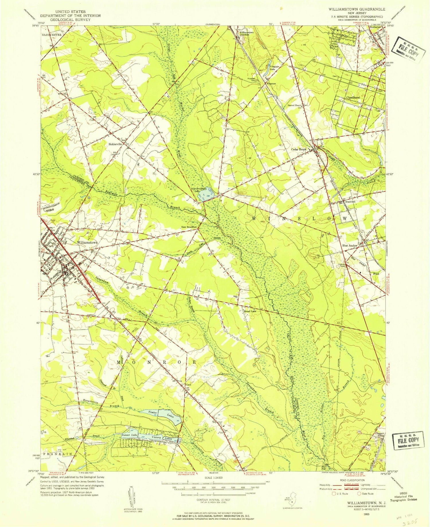 Classic USGS Williamstown New Jersey 7.5'x7.5' Topo Map Image