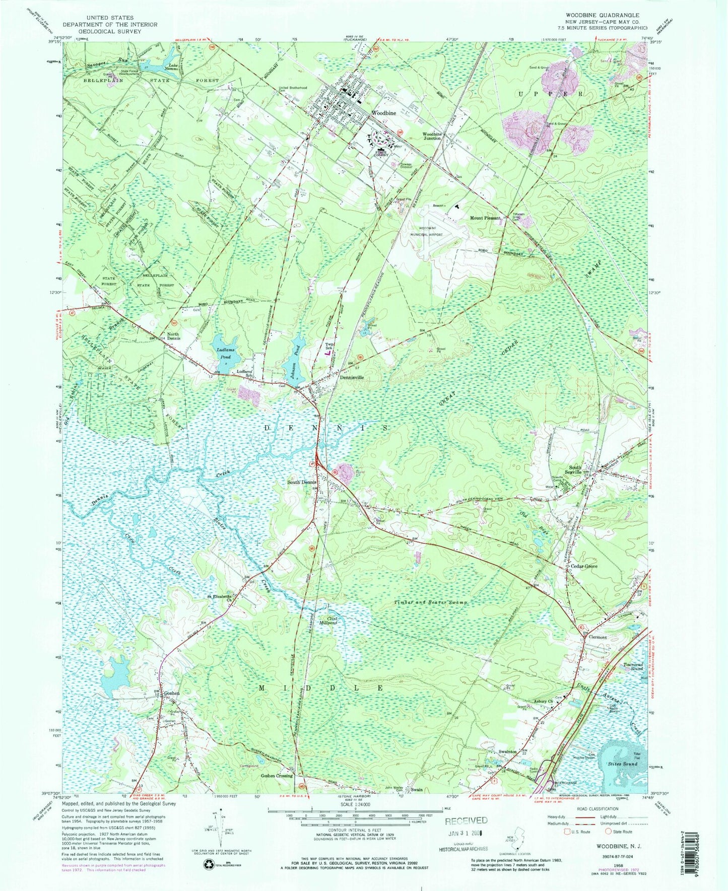 Classic USGS Woodbine New Jersey 7.5'x7.5' Topo Map Image