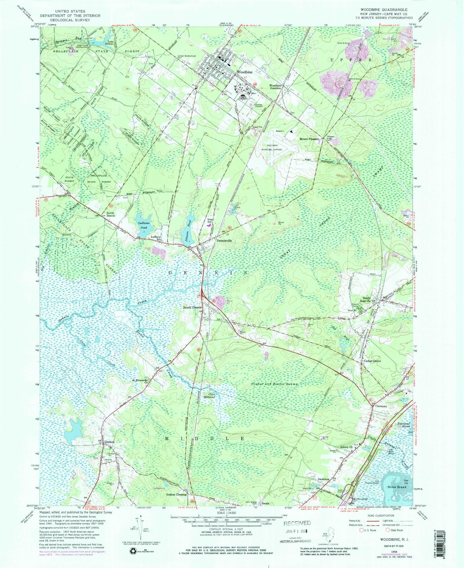 Classic USGS Woodbine New Jersey 7.5'x7.5' Topo Map Image