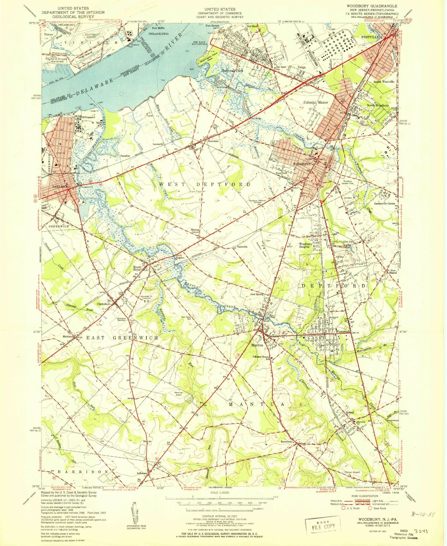 Classic USGS Woodbury New Jersey 7.5'x7.5' Topo Map Image