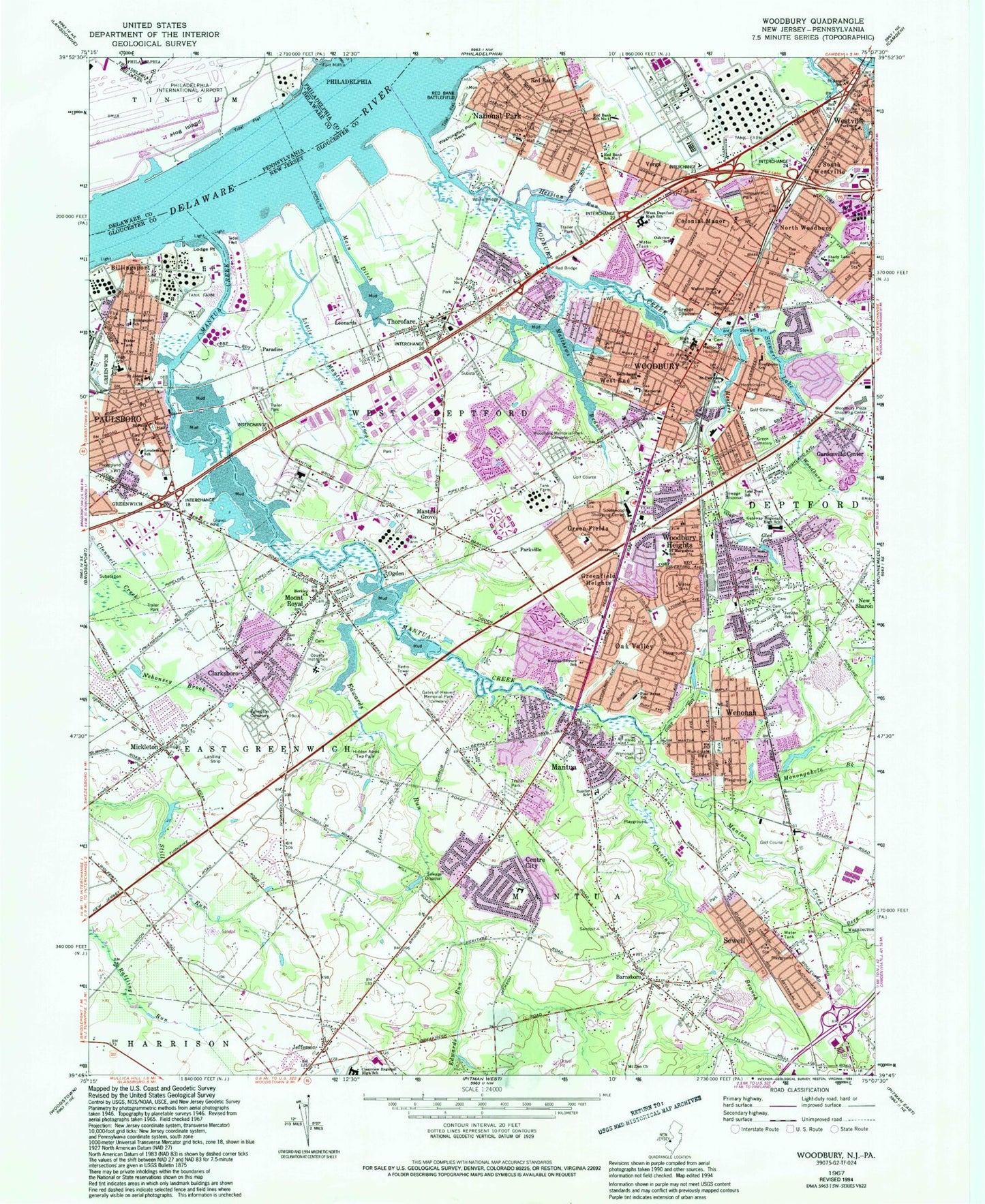 Classic USGS Woodbury New Jersey 7.5'x7.5' Topo Map Image