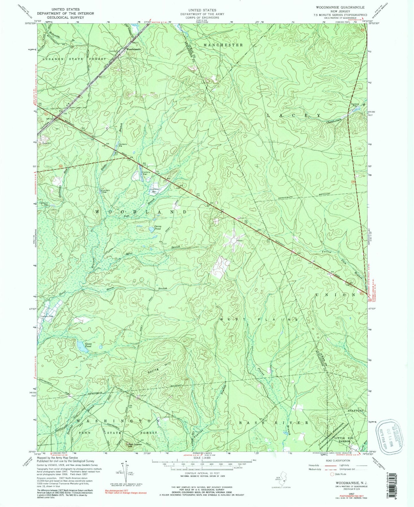 Classic USGS Woodmansie New Jersey 7.5'x7.5' Topo Map Image