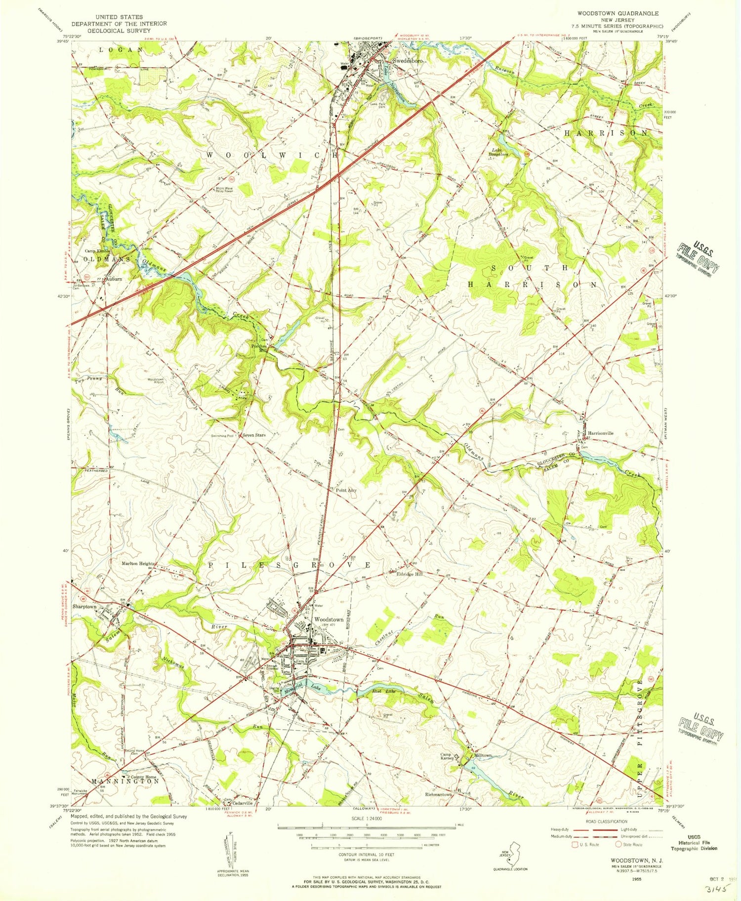 Classic USGS Woodstown New Jersey 7.5'x7.5' Topo Map Image