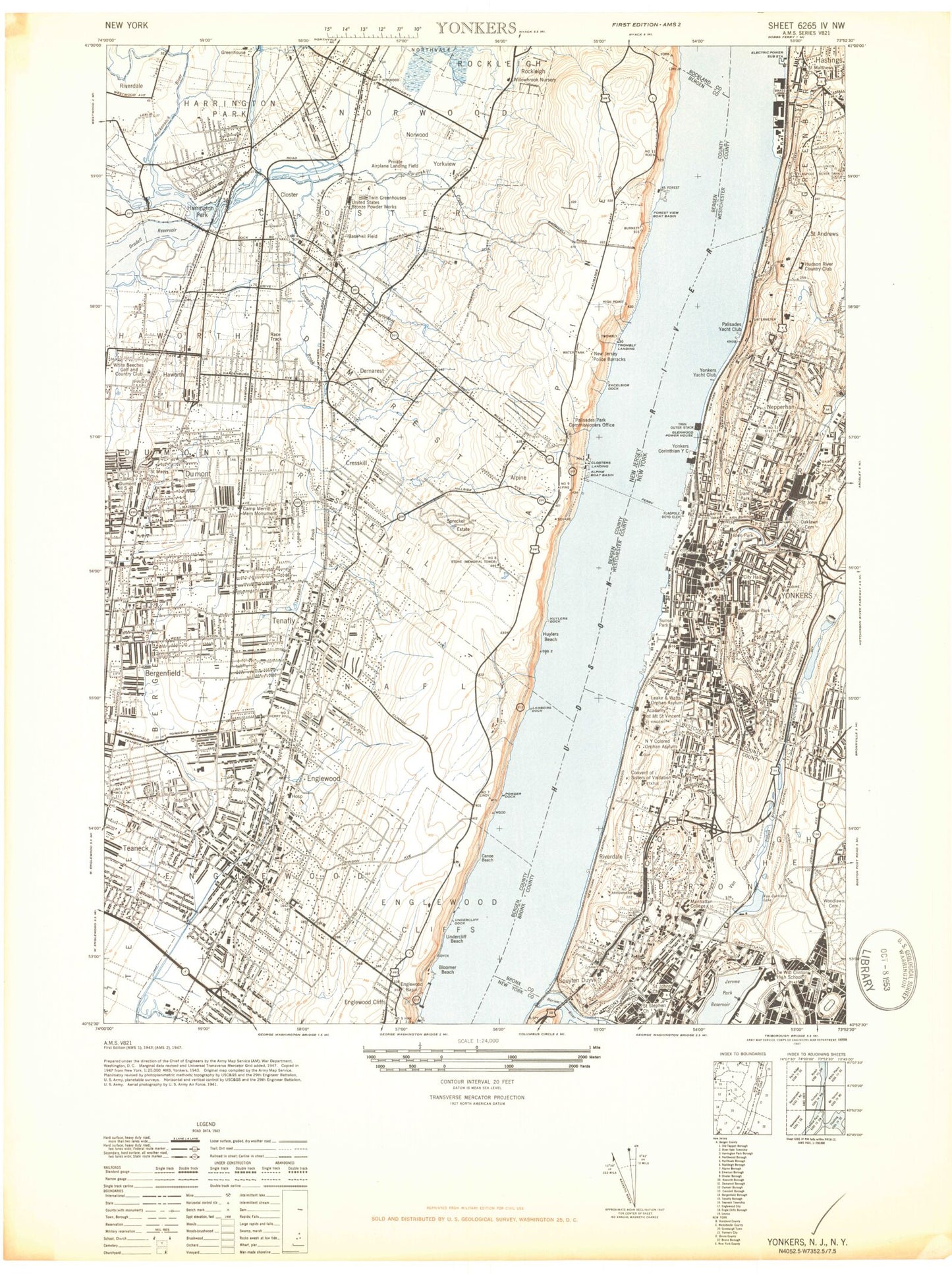 Classic USGS Yonkers New York 7.5'x7.5' Topo Map Image