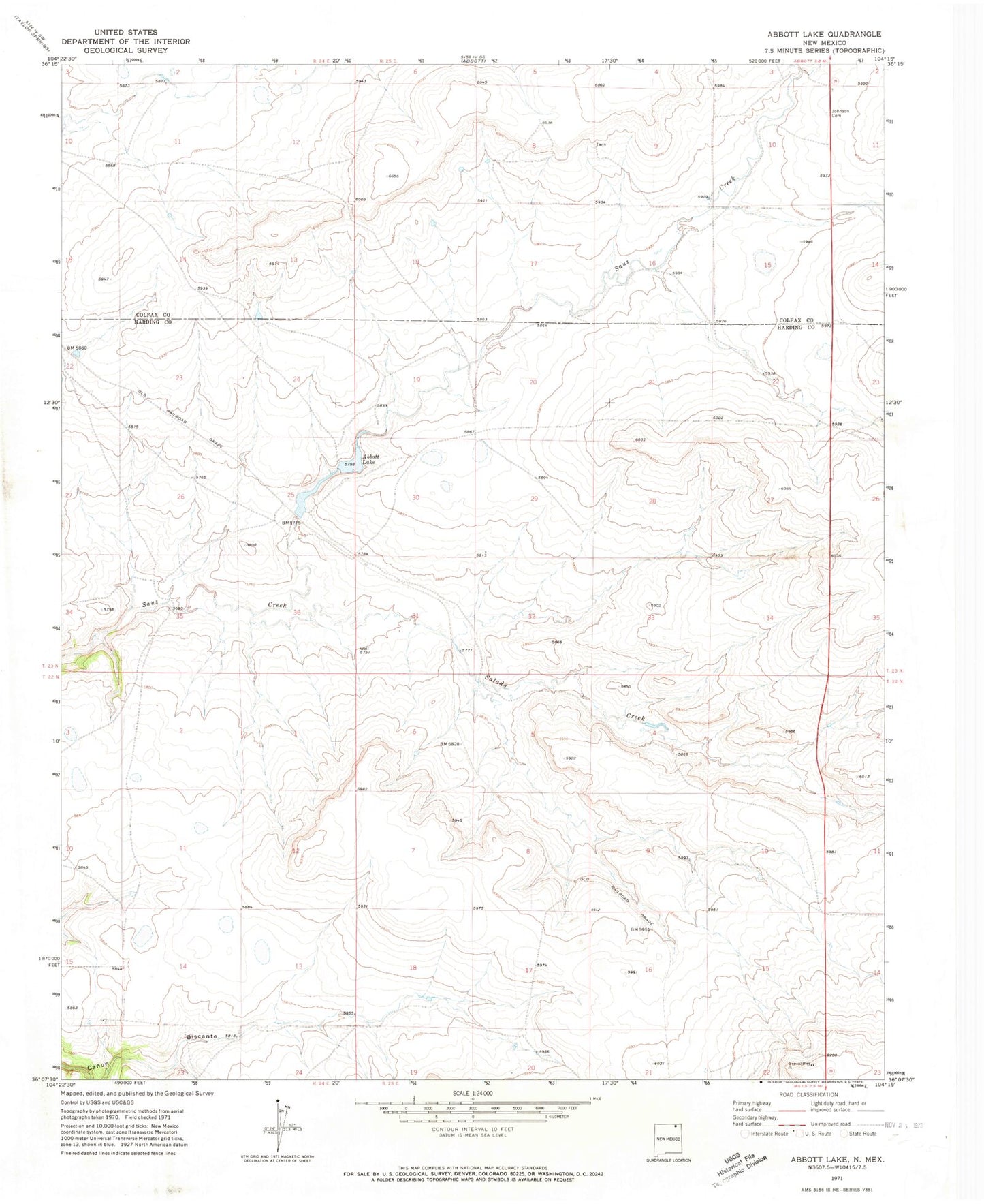 Classic USGS Abbott Lake New Mexico 7.5'x7.5' Topo Map Image