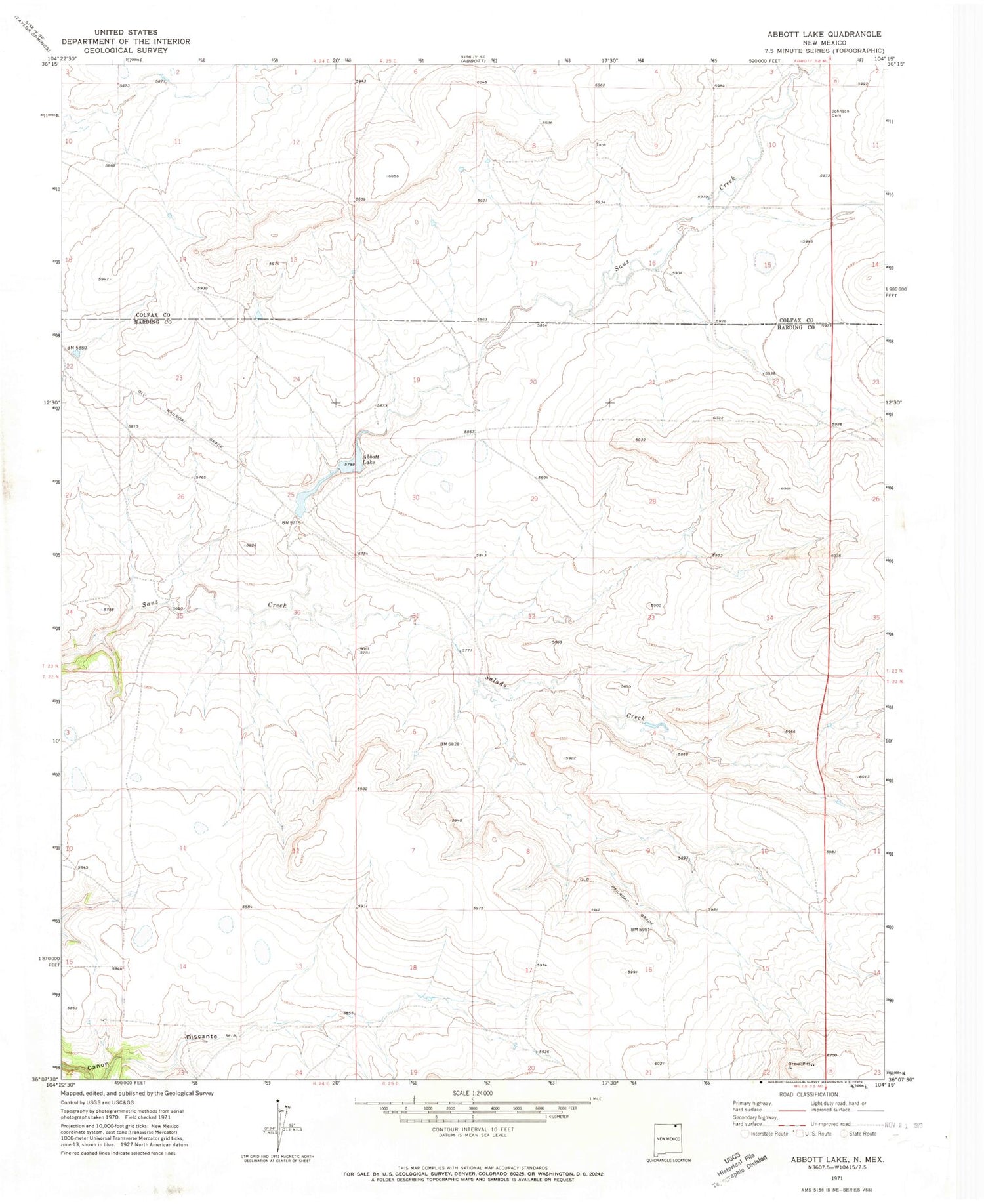 Classic USGS Abbott Lake New Mexico 7.5'x7.5' Topo Map Image