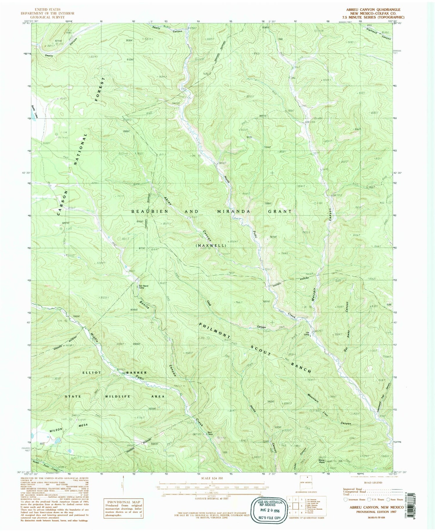 Classic USGS Abreu Canyon New Mexico 7.5'x7.5' Topo Map Image